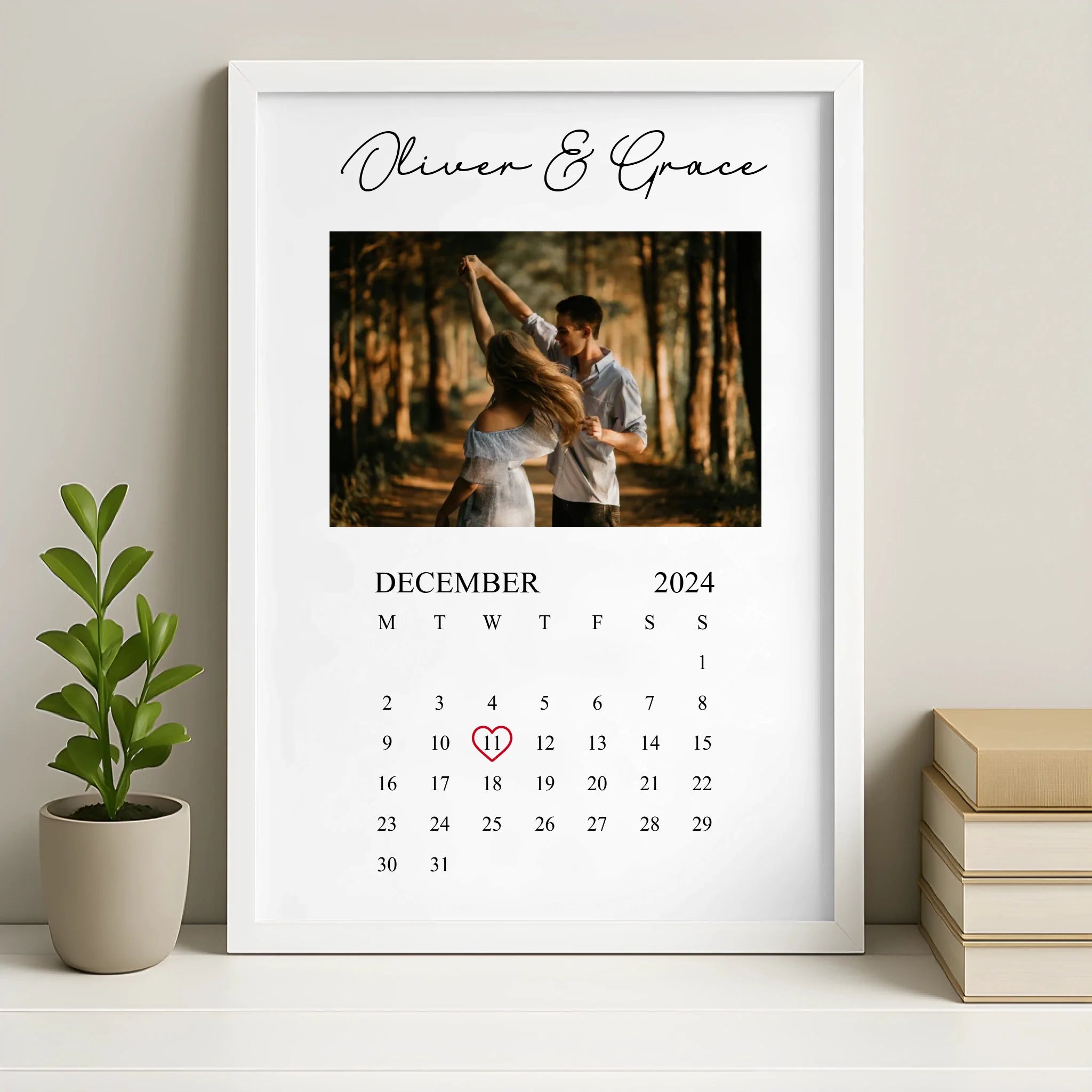 White framed personalised photo calendar print with custom name and date