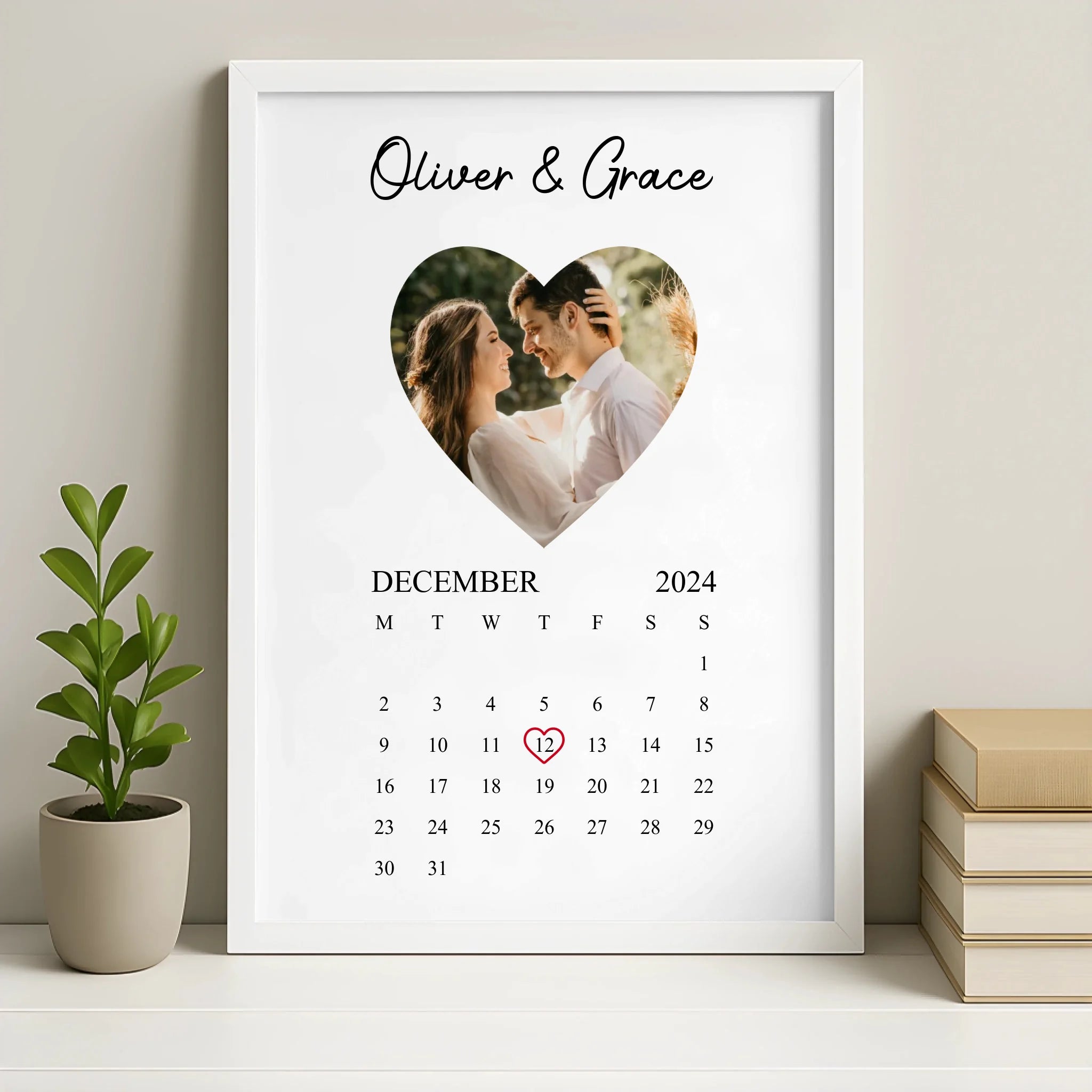 Personalised heart photo calendar print in a white frame