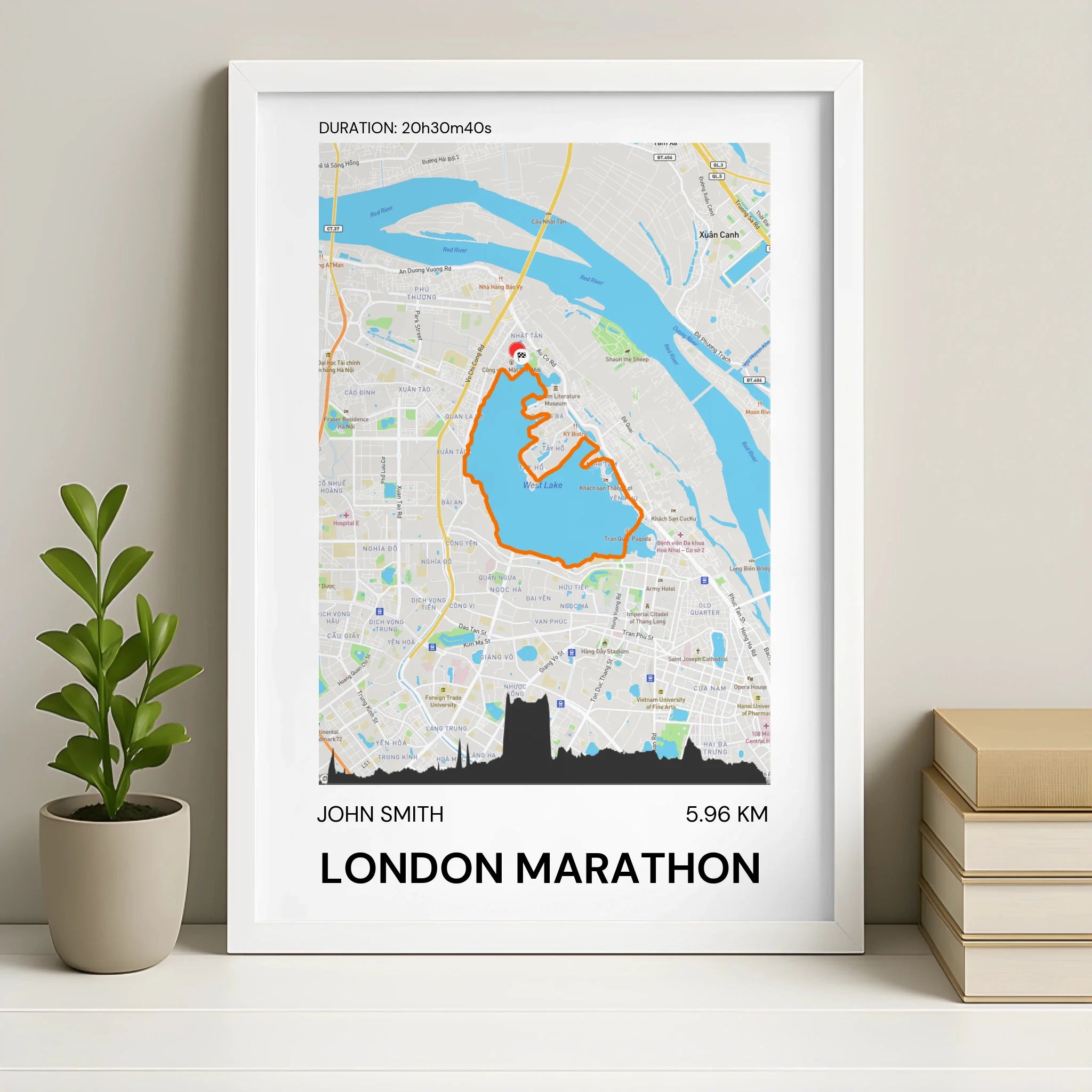 Personalised GPS route print in a white photo frame
