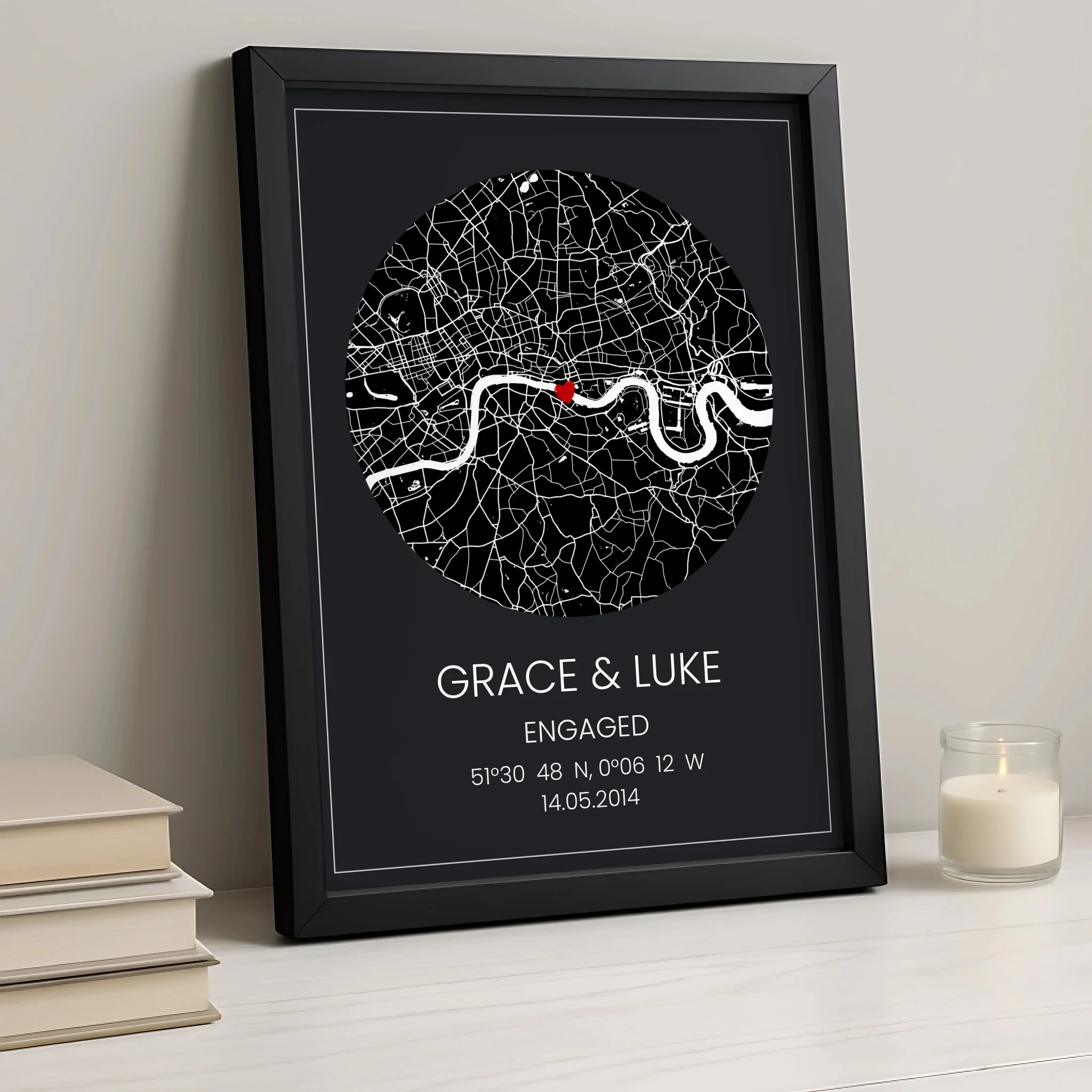 Framed personalised map print showing a special location with a custom date