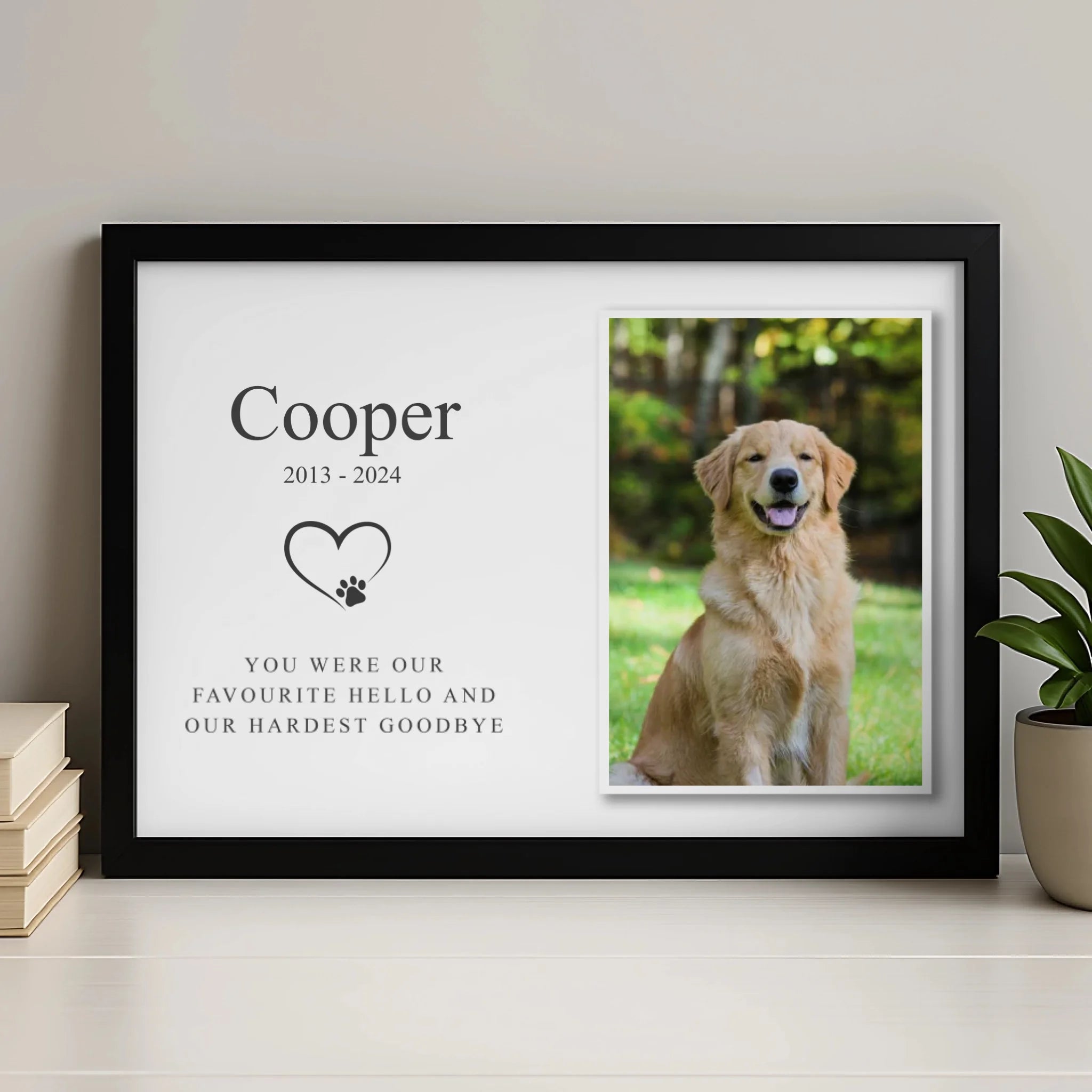 Custom pet photo memorial frame gift with printed keepsake design