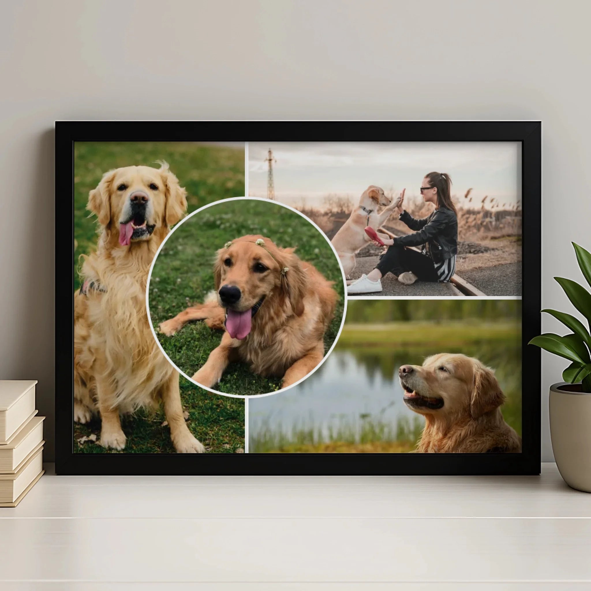 Personalised dog photo collage frame size guide showing A4 and A3 options