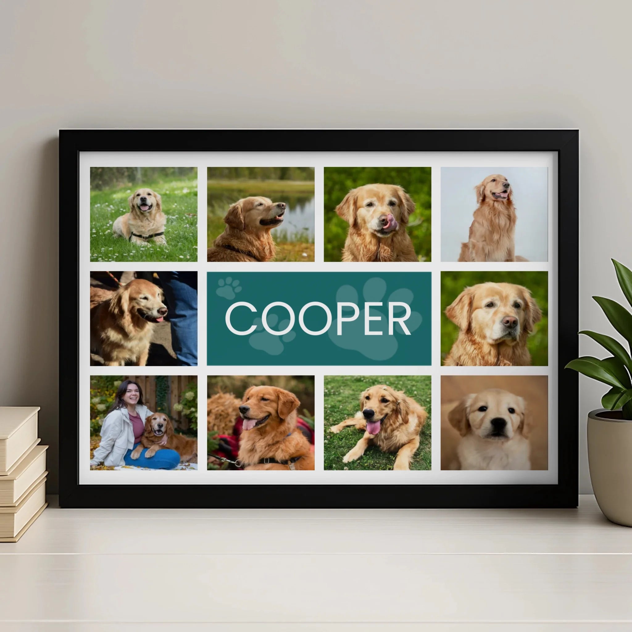 Personalised dog photo frame gift shown as a home wall display