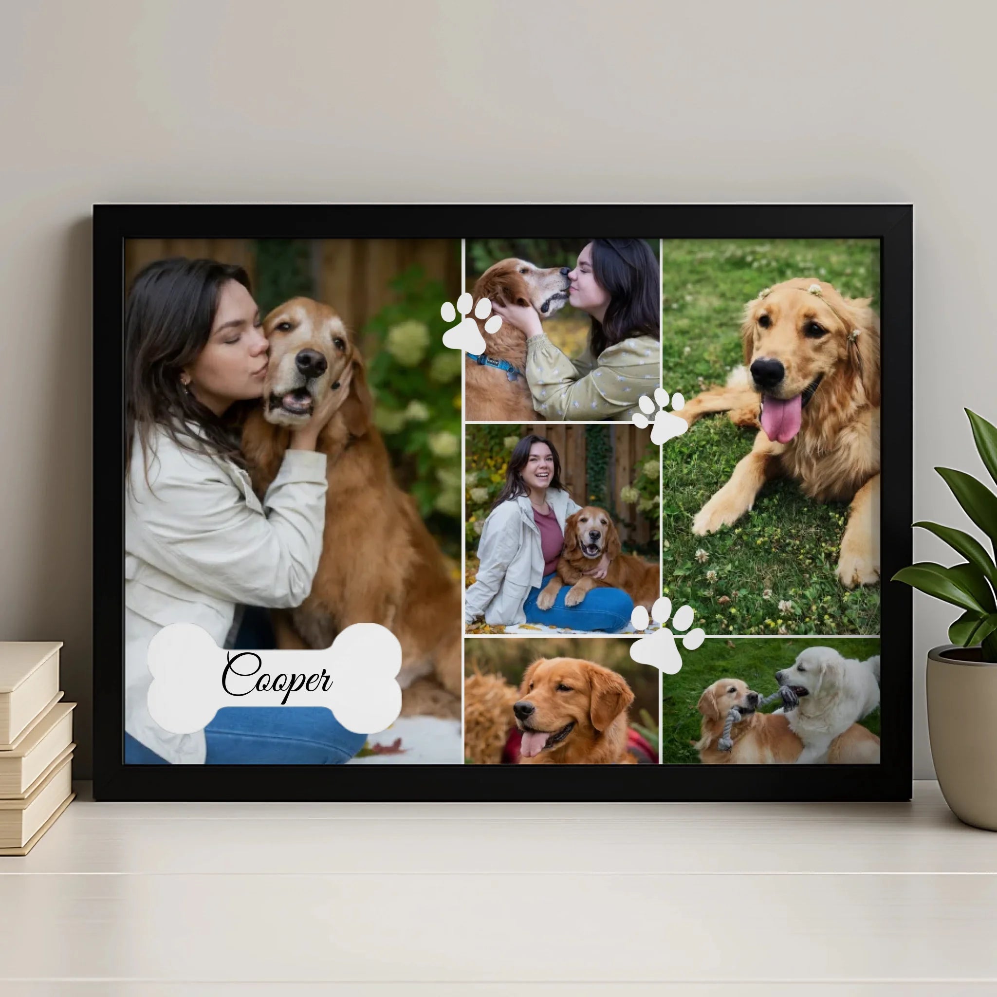 Personalised dog frame gift displayed on a wall with multiple dog photos