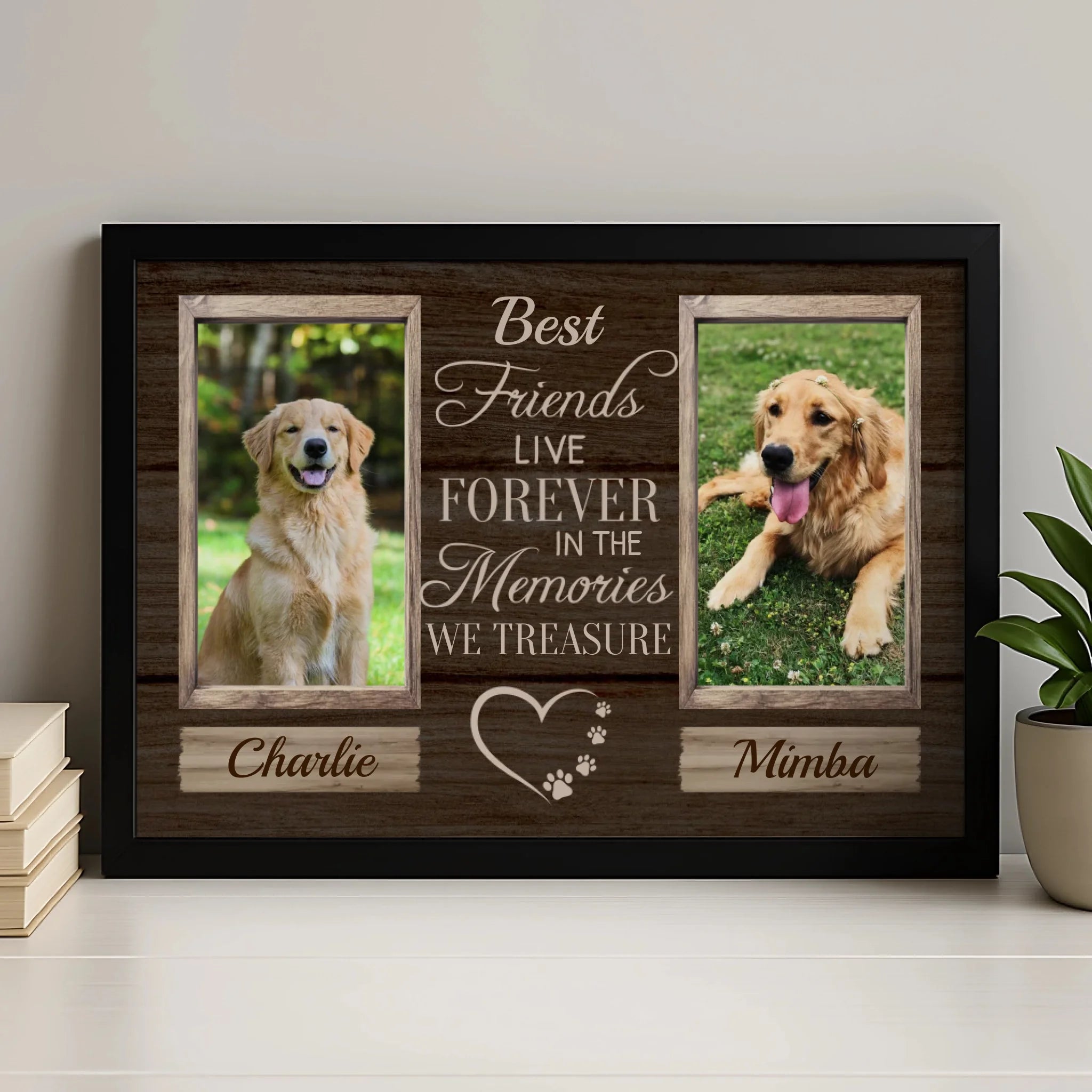 Custom pet memorial gift frame showing two pet photos side by side