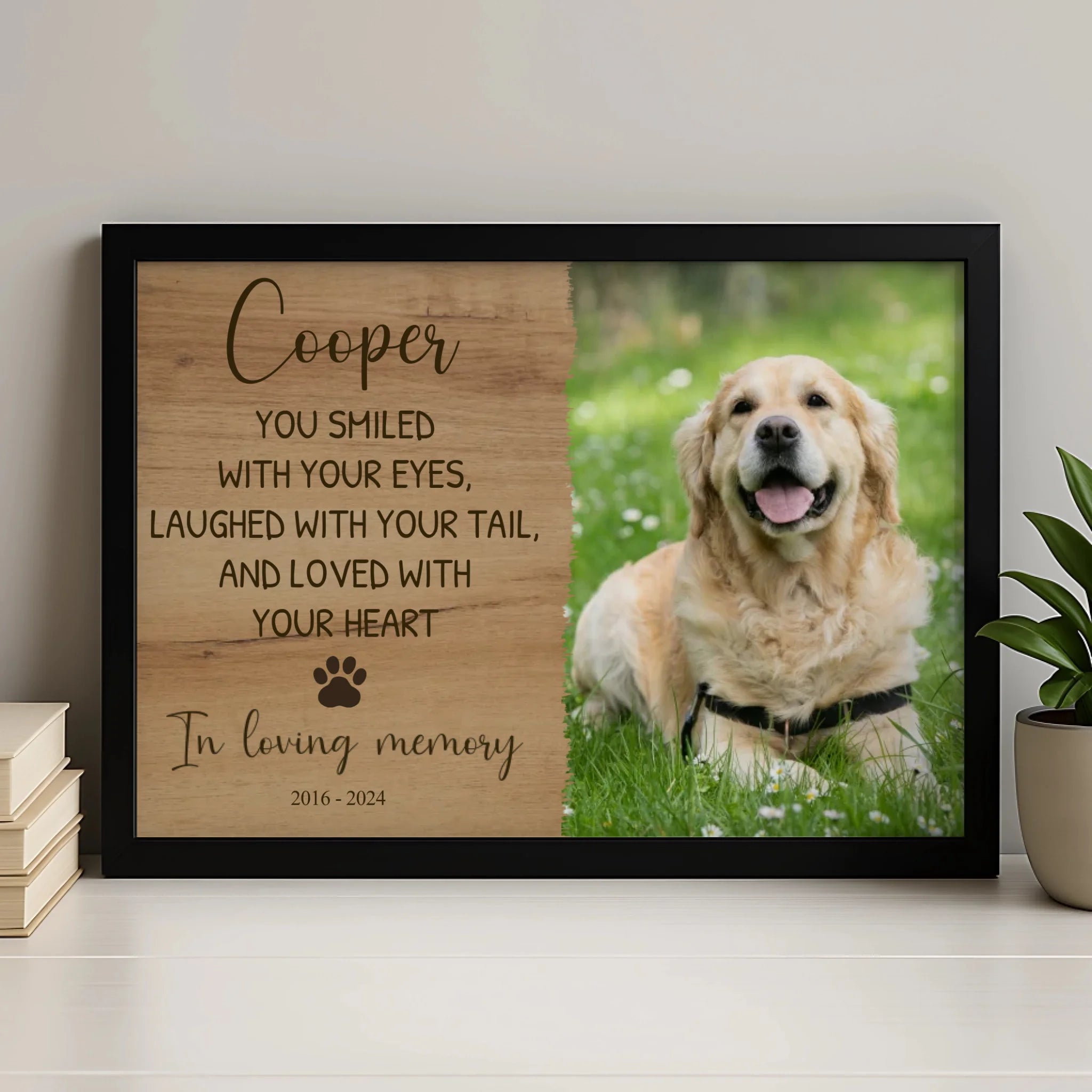 Rustic personalised pet memorial photo frame with dog photo and custom quote