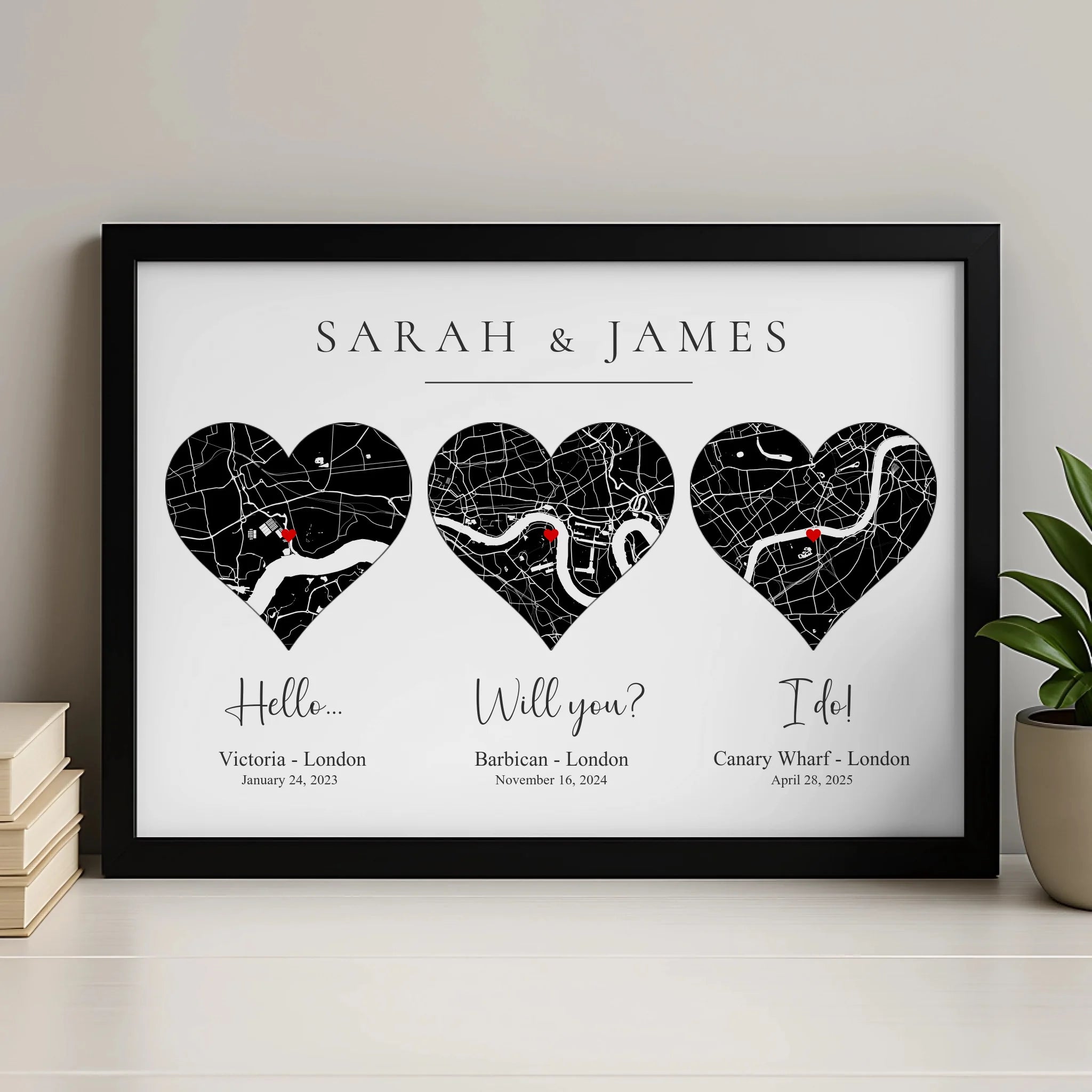 Personalised heart map print for couples with custom coordinates and timeline in a frame
