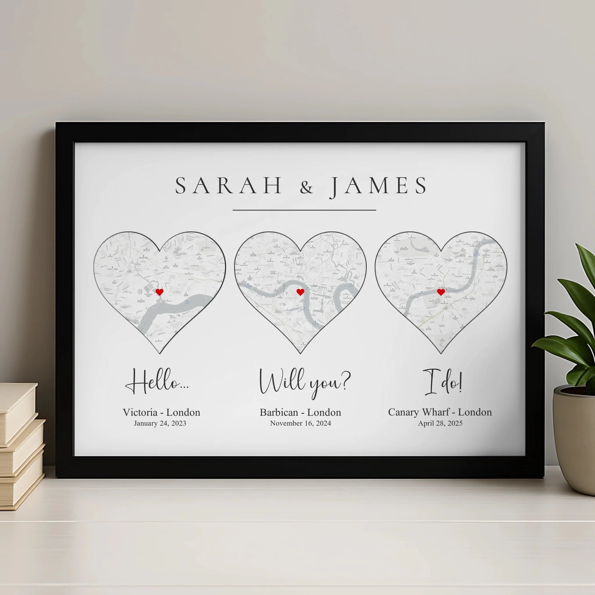 Personalised photo frame with a minimal custom map print and personalised text