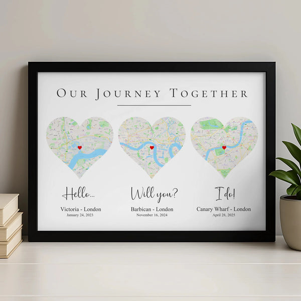 Framed personalised map print showing Our Story design with three location maps
