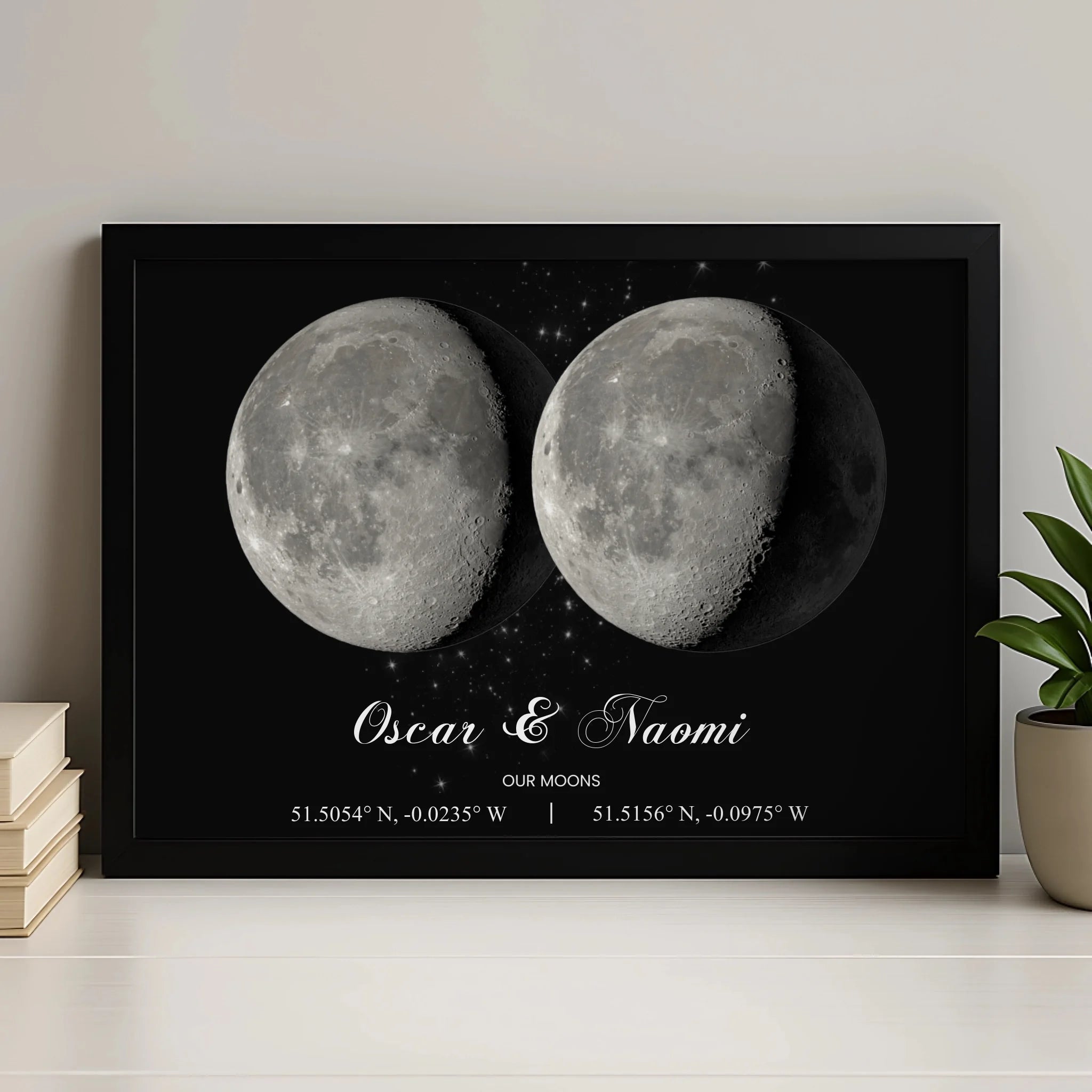 Personalised moon phase framed print showing two moons with names and a date