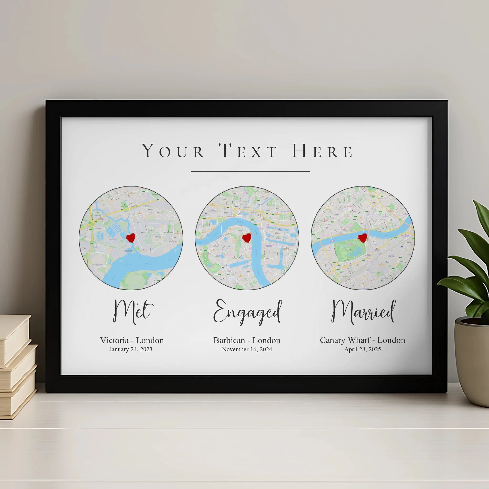 Framed personalised map print with Our Story design showing three location maps