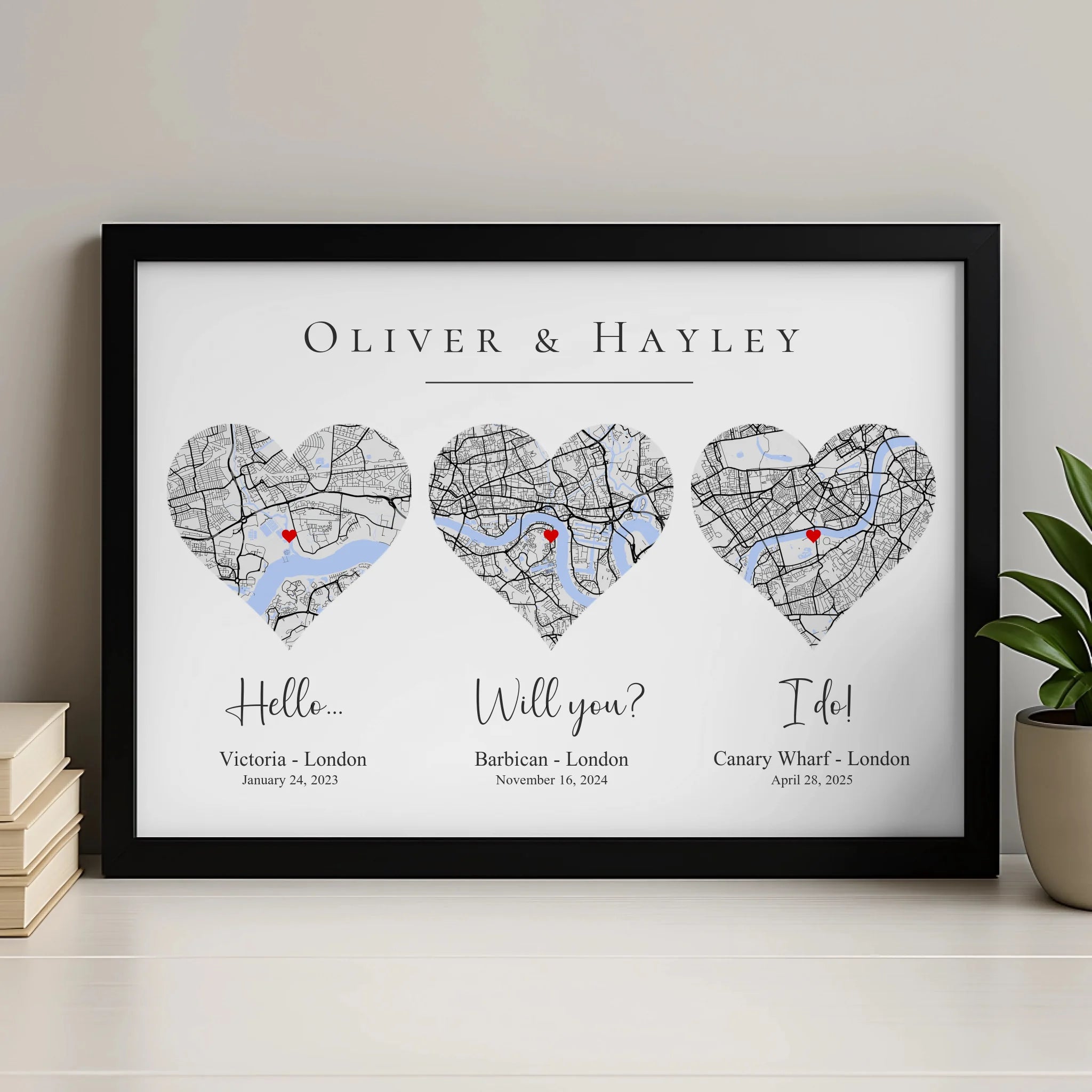 Personalised couple map print with heart design, custom dates and coordinates