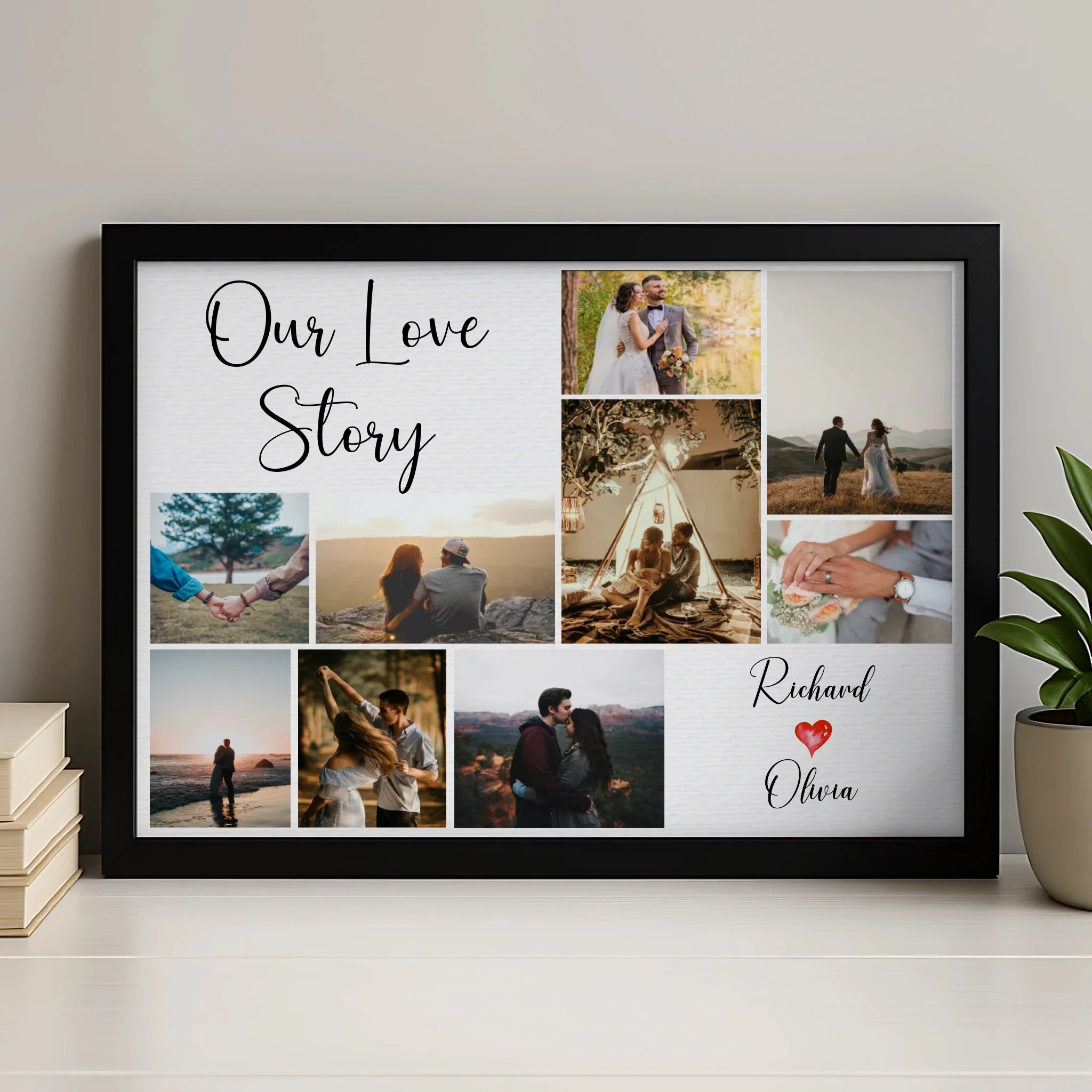 Personalised 9 photo collage print displayed as framed wall art for couples