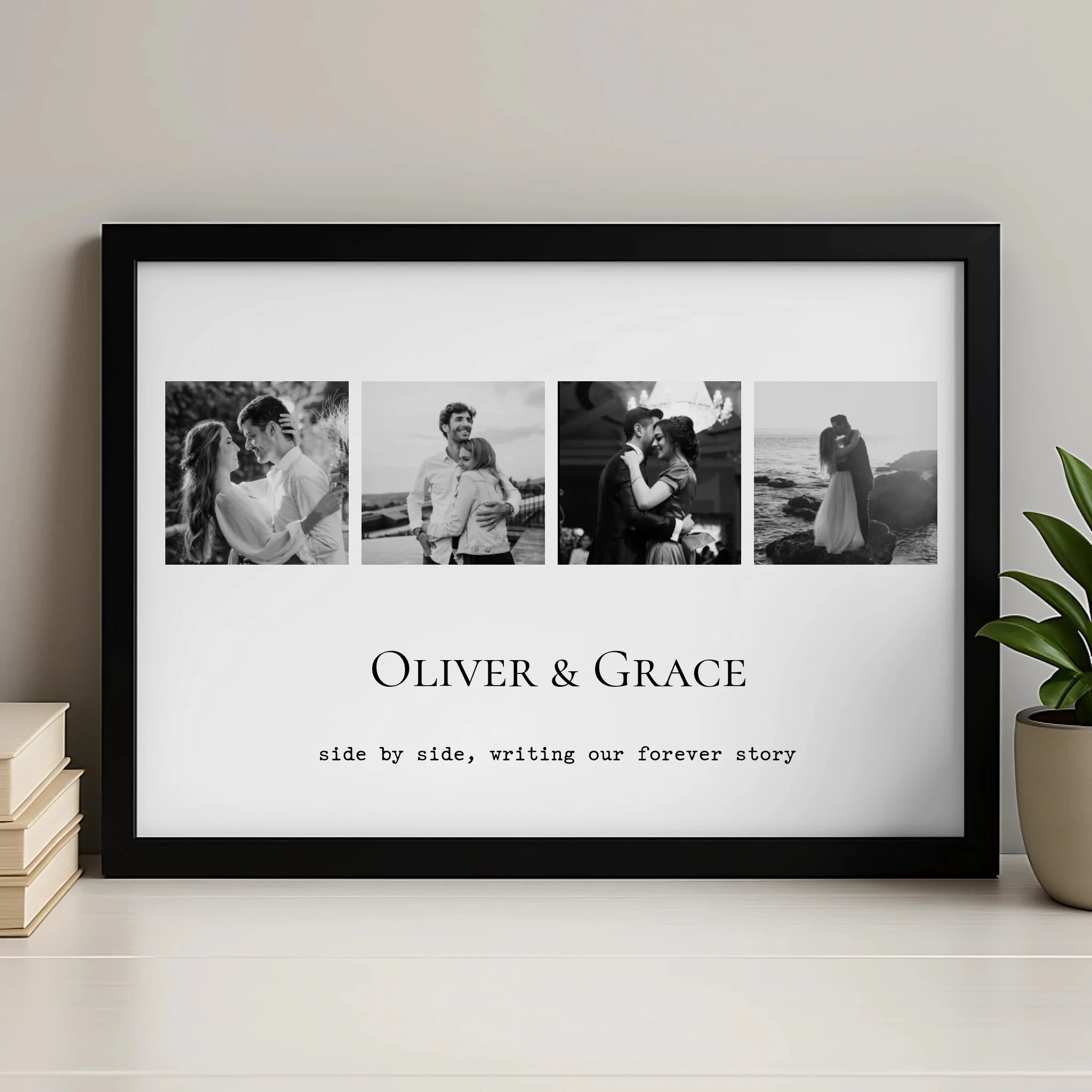 Personalised black and white 4 photo collage print with custom names and quote