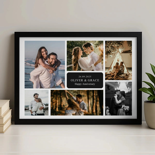 Personalised 7 photo collage print with custom name, date and message displayed in a white frame