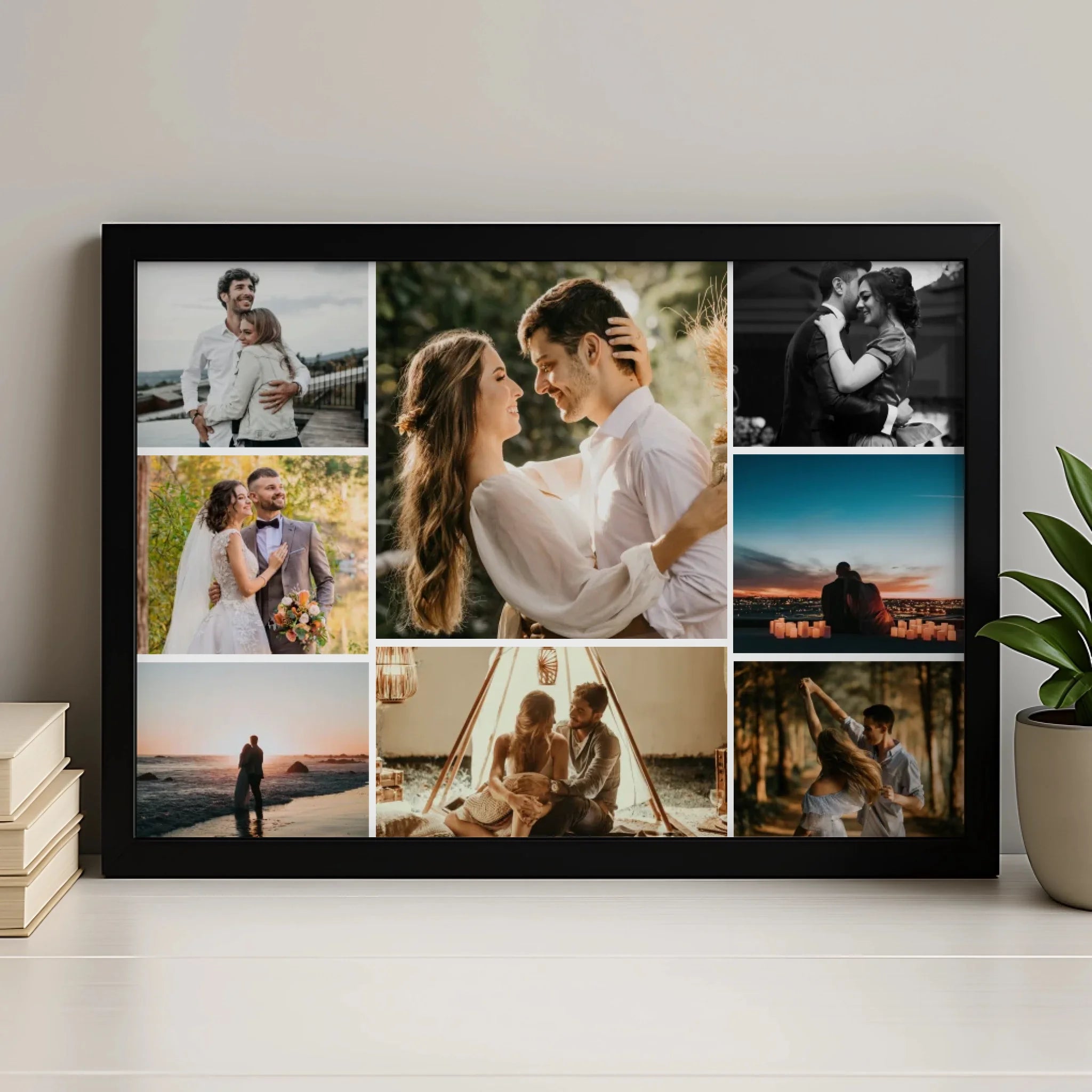 Personalised 8 photo collage print in a grid layout displayed in an A3 frame on a wall
