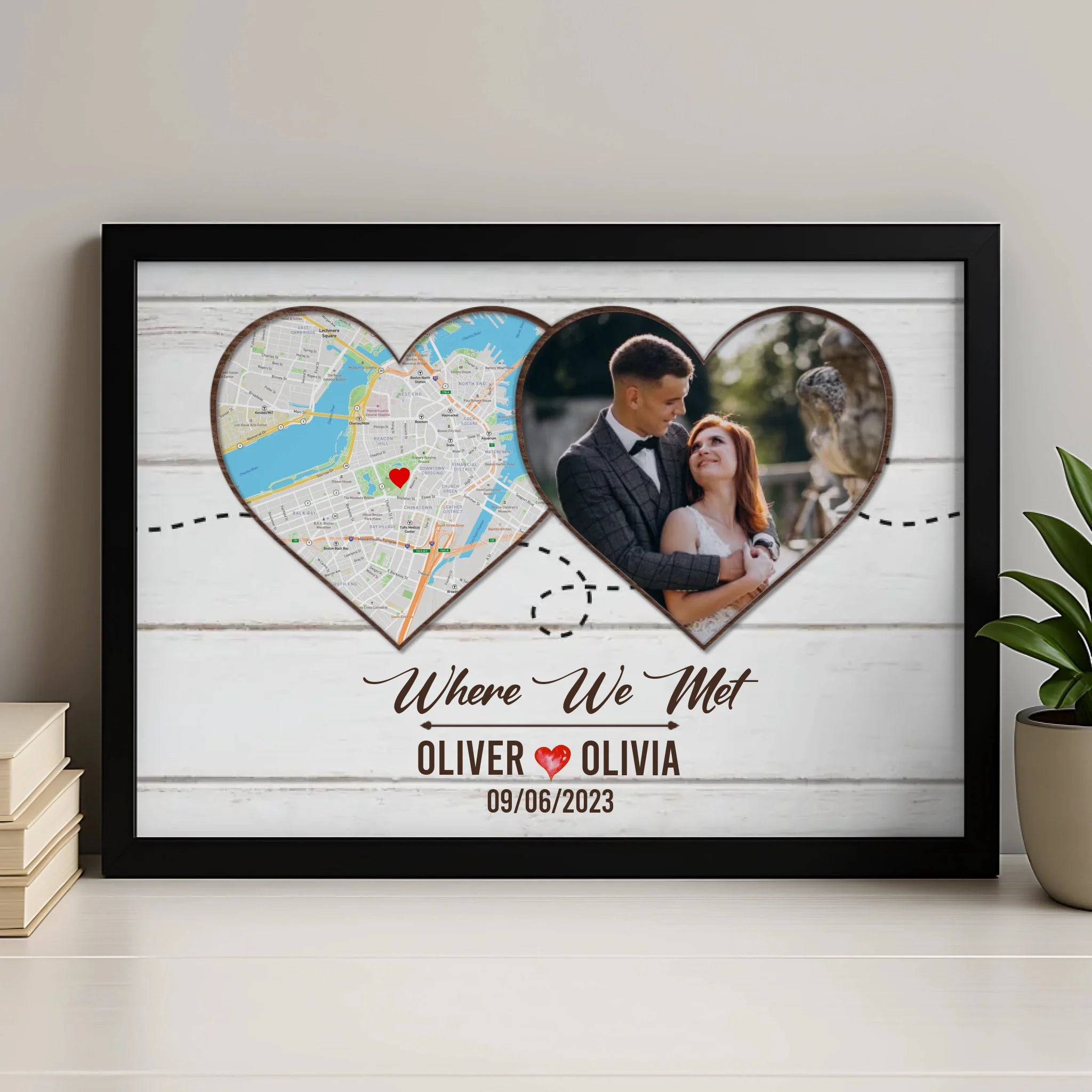 Personalised photo frame with map print, couple's names and date in a white frame
