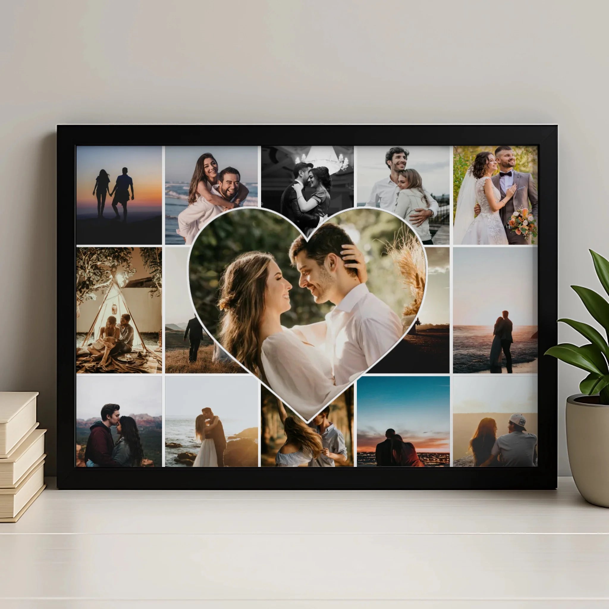 Personalised heart photo collage print showing 15 photos arranged in a heart shape with a centre image
