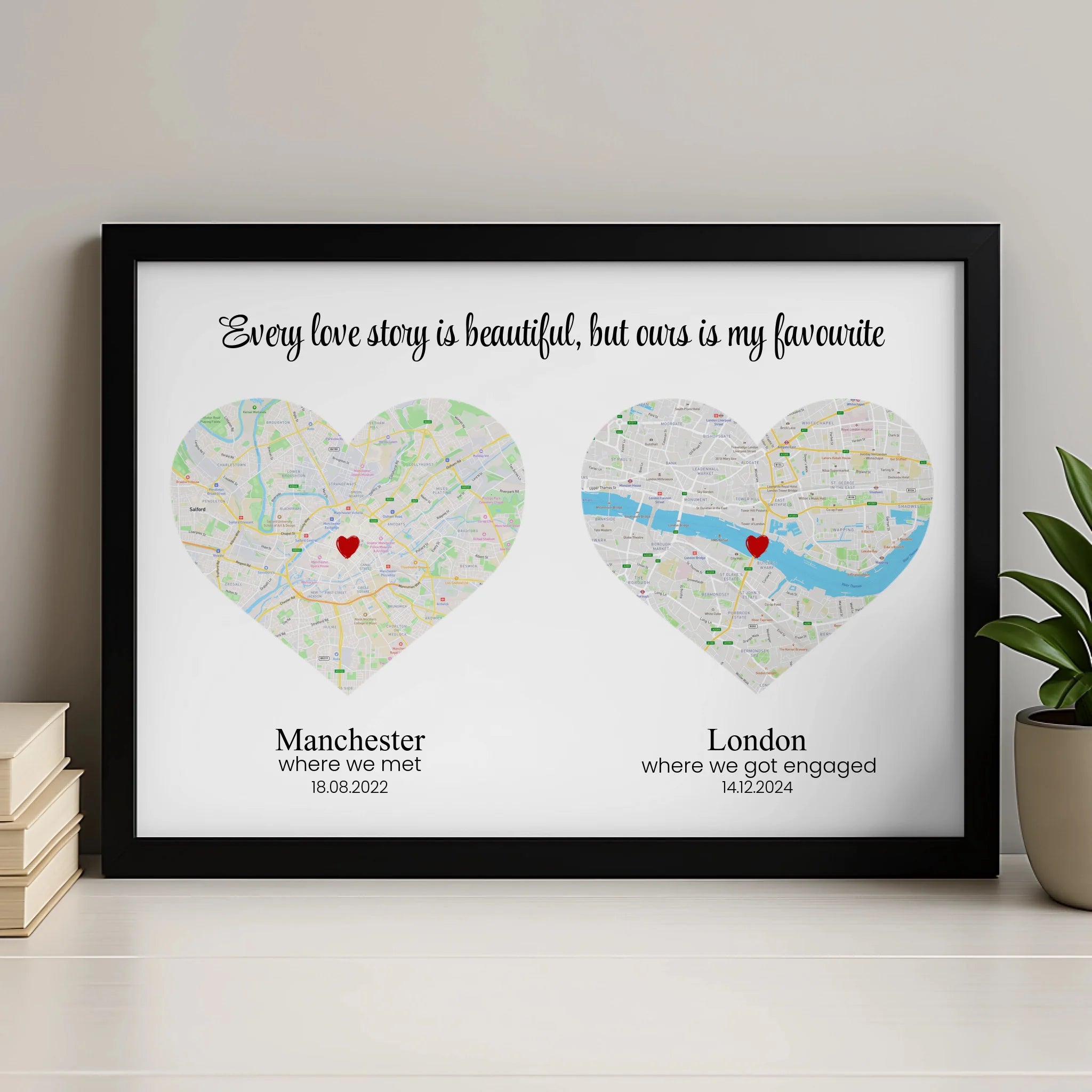 Personalised double heart map print with two custom locations and dates for couples