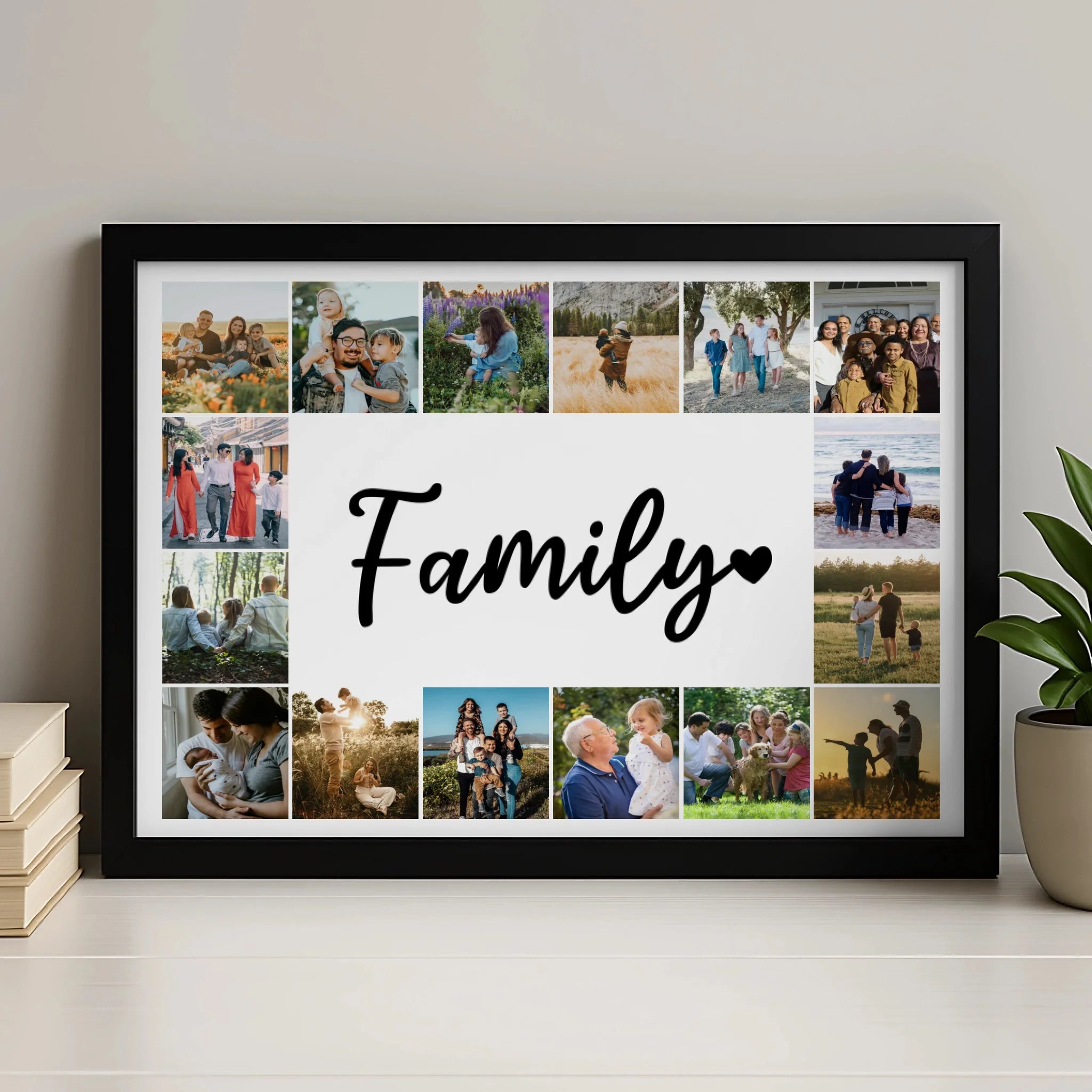 Personalised family photo collage print with 16 photos and Family centre text, available in A4 and A3