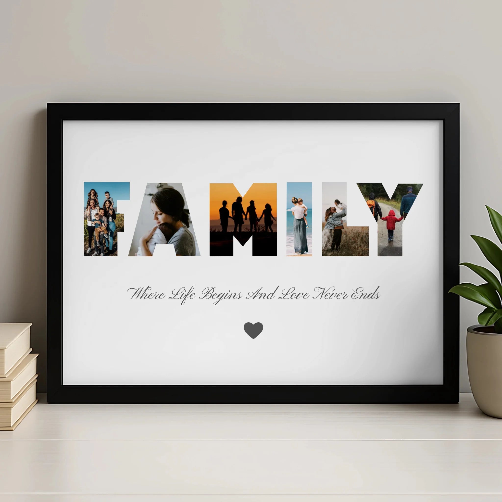 Personalised family photo collage print with six custom photos and optional quote, available in A4 and A3