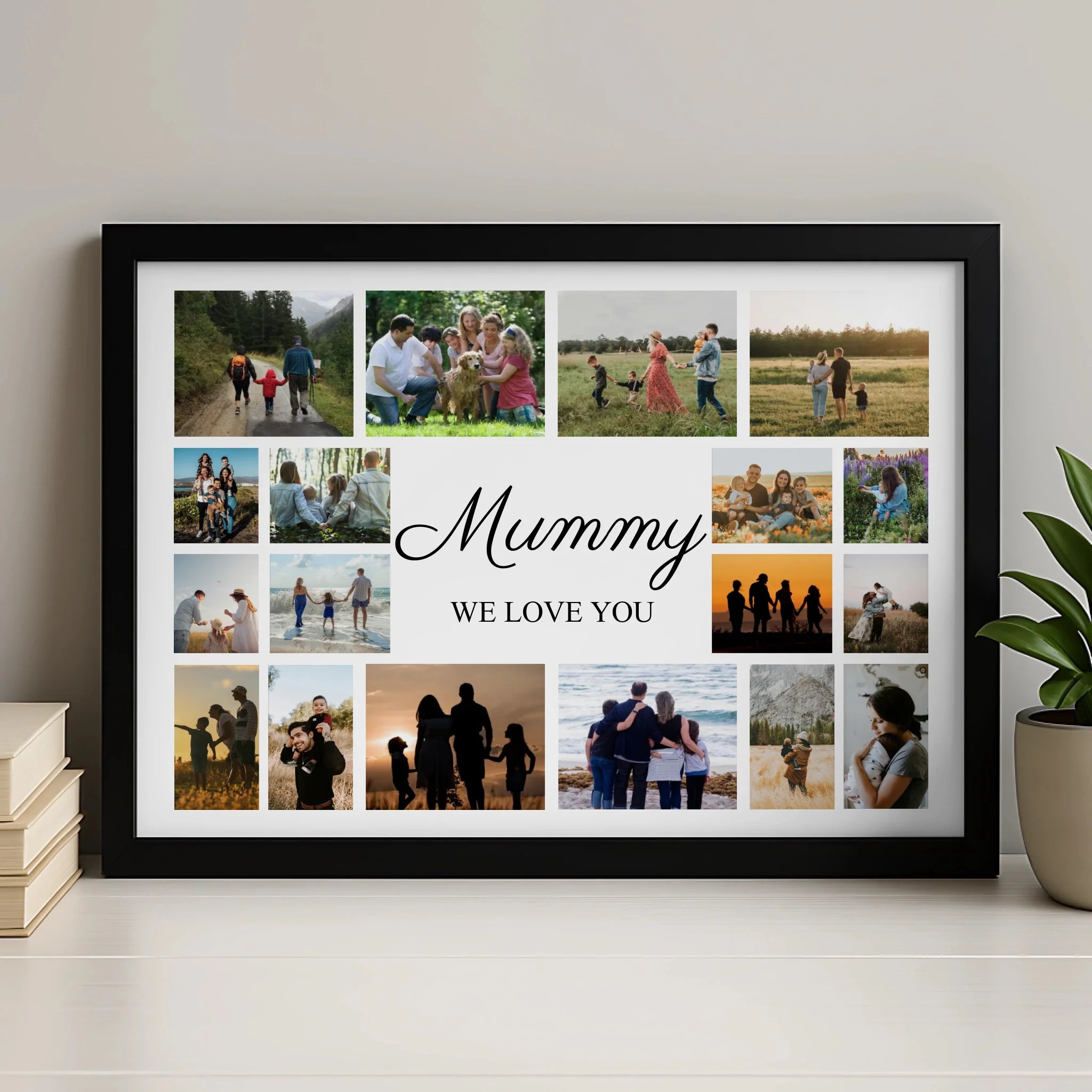 Personalised family photo collage print with 18 photos and a custom name and message in the centre