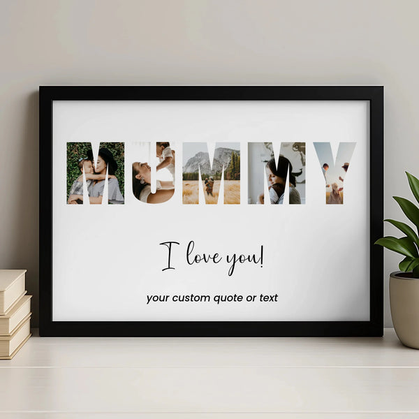 Personalised Mummy photo collage print with custom name, shown as wall art