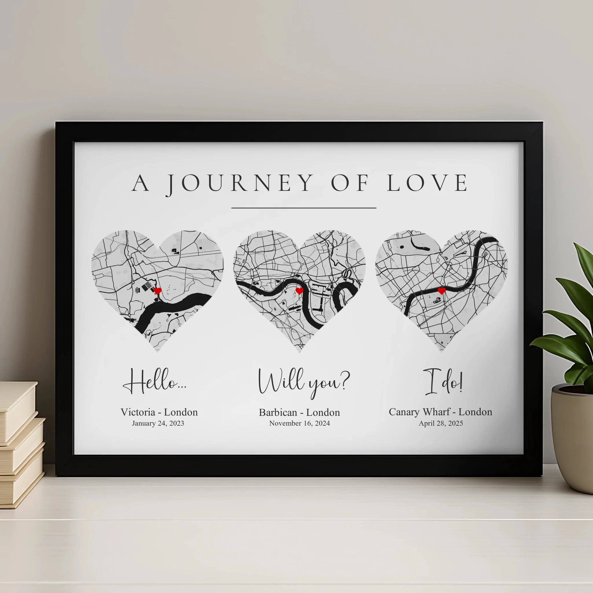 Personalised couple map print with heart overlay, custom dates and coordinates