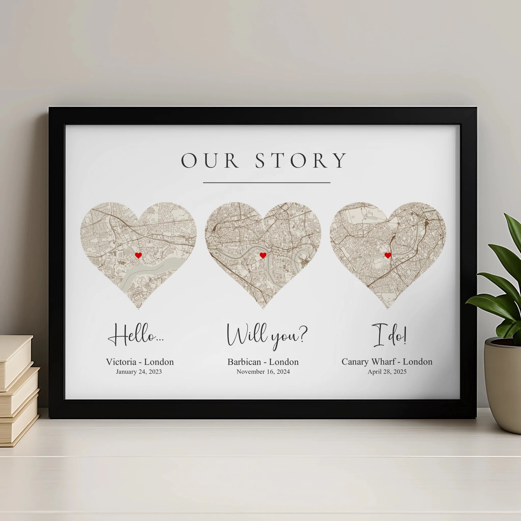 Our Love Story personalised photo frame print with three custom map locations, dates and coordinates