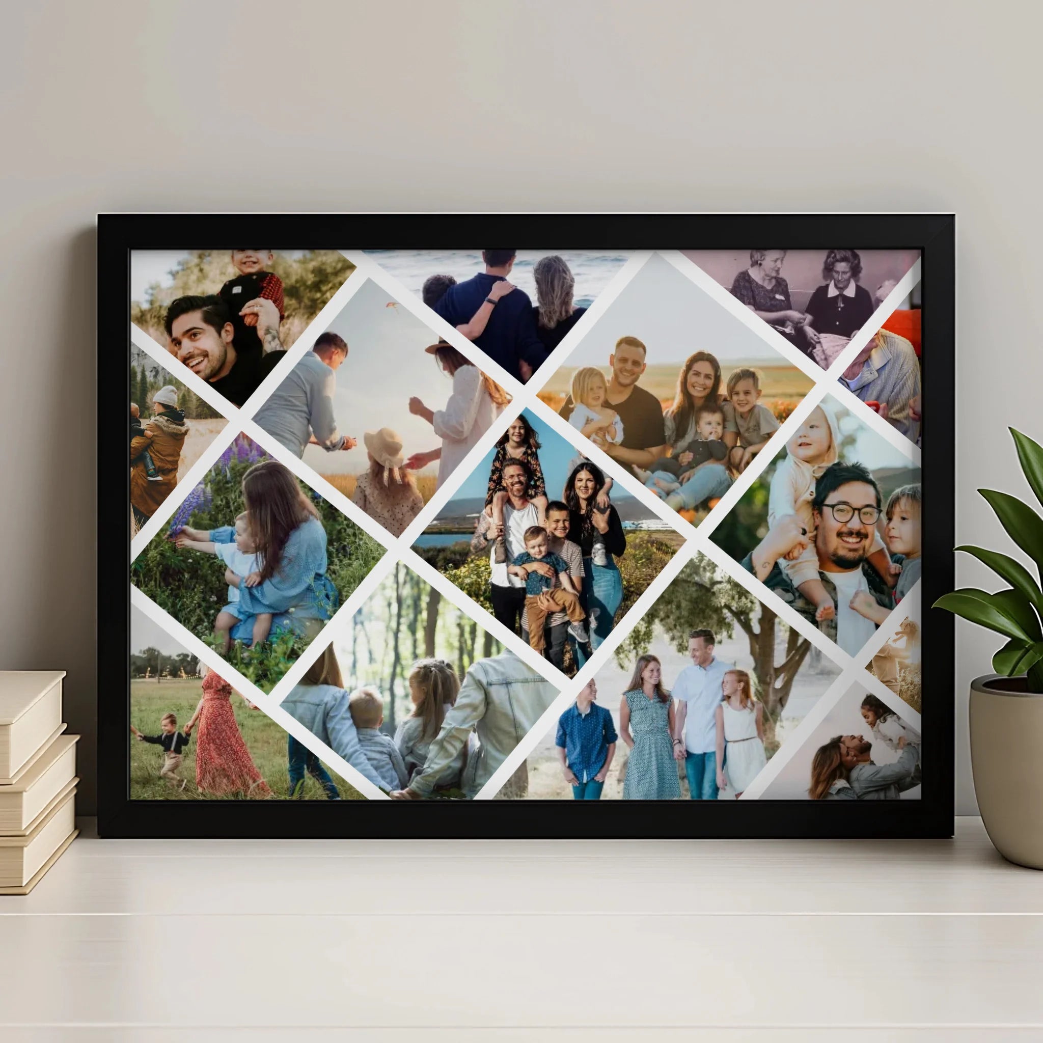 Personalised diamond grid family photo collage print with 15 photos in A3 frame