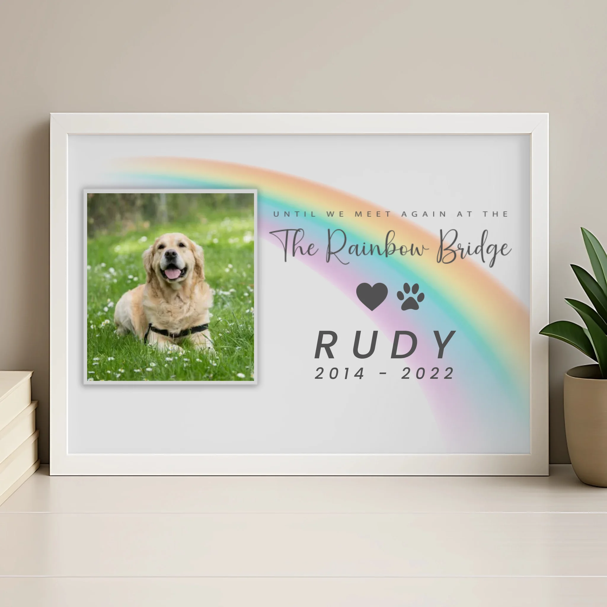 Personalised Rainbow Bridge pet memorial photo frame in wood finish