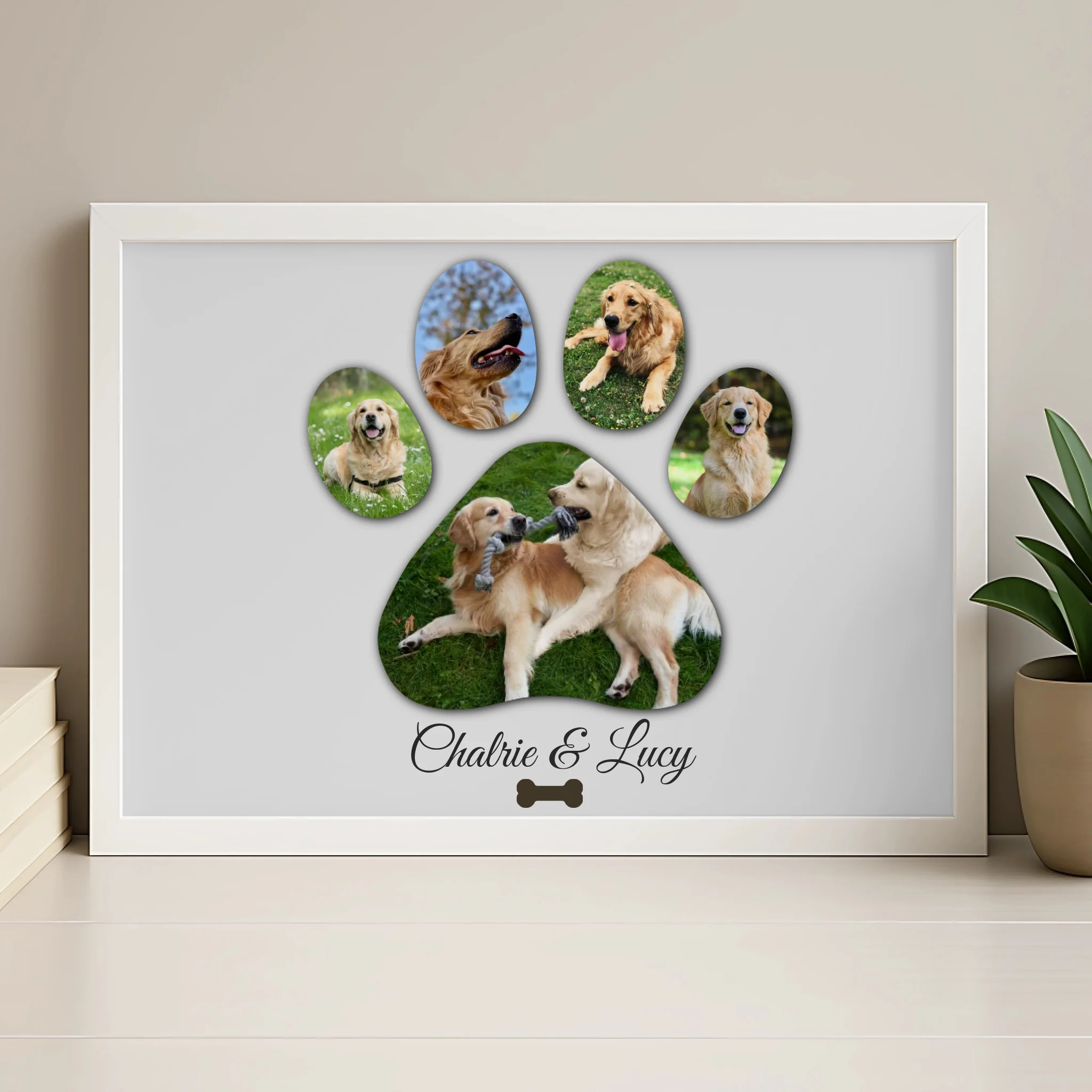 Personalised paw print pet photo collage frame in wood finish