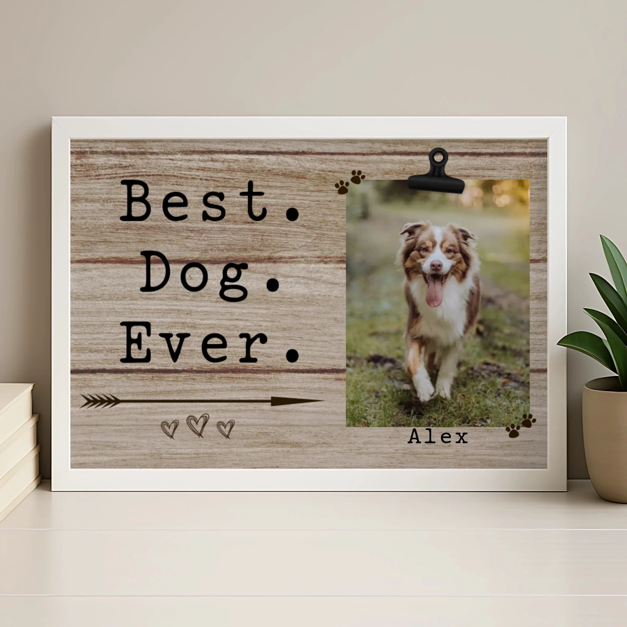 Personalised dog photo frame in wood tone finish showing custom pet print