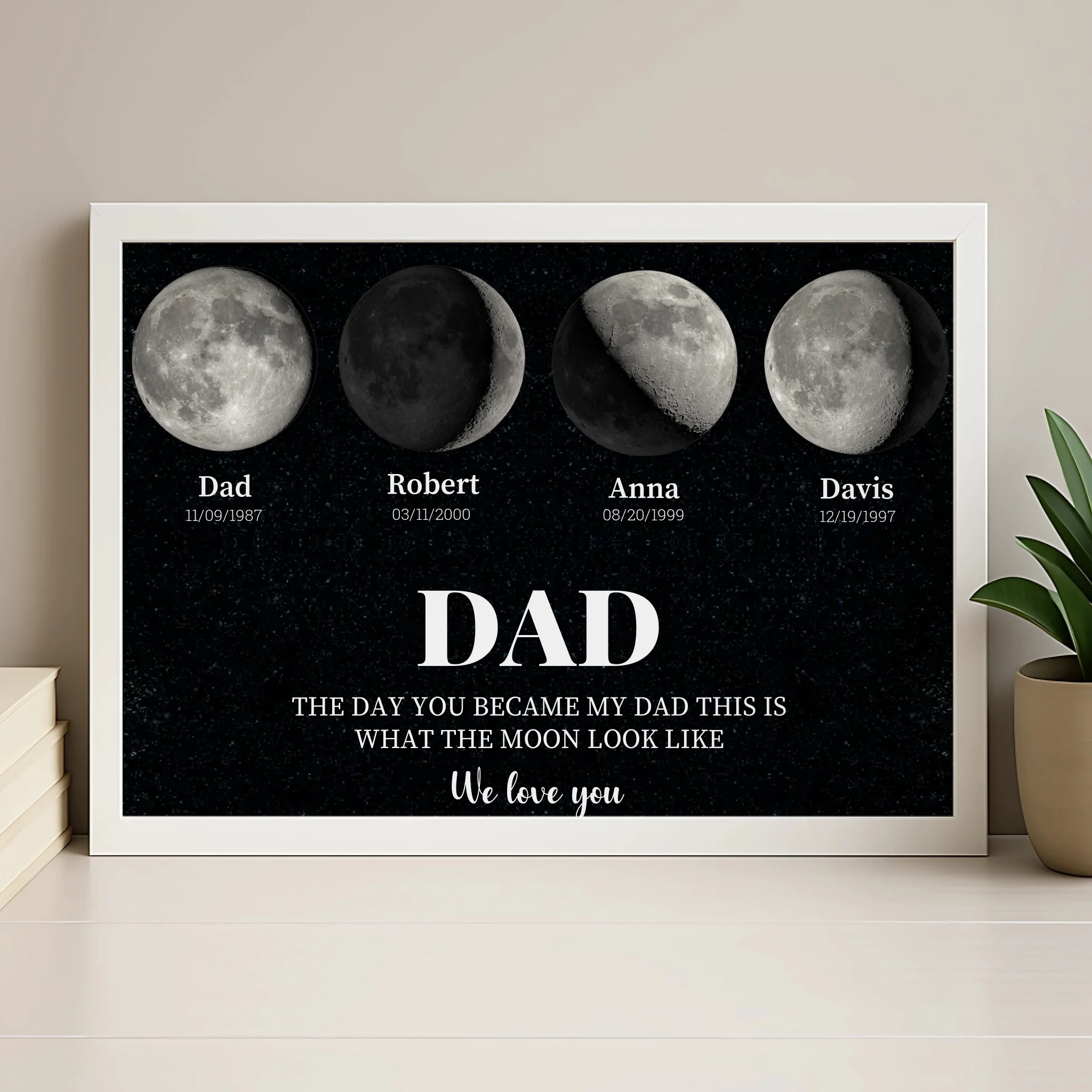 Moon phase personalised photo frame in wood finish as a photo gift for dad