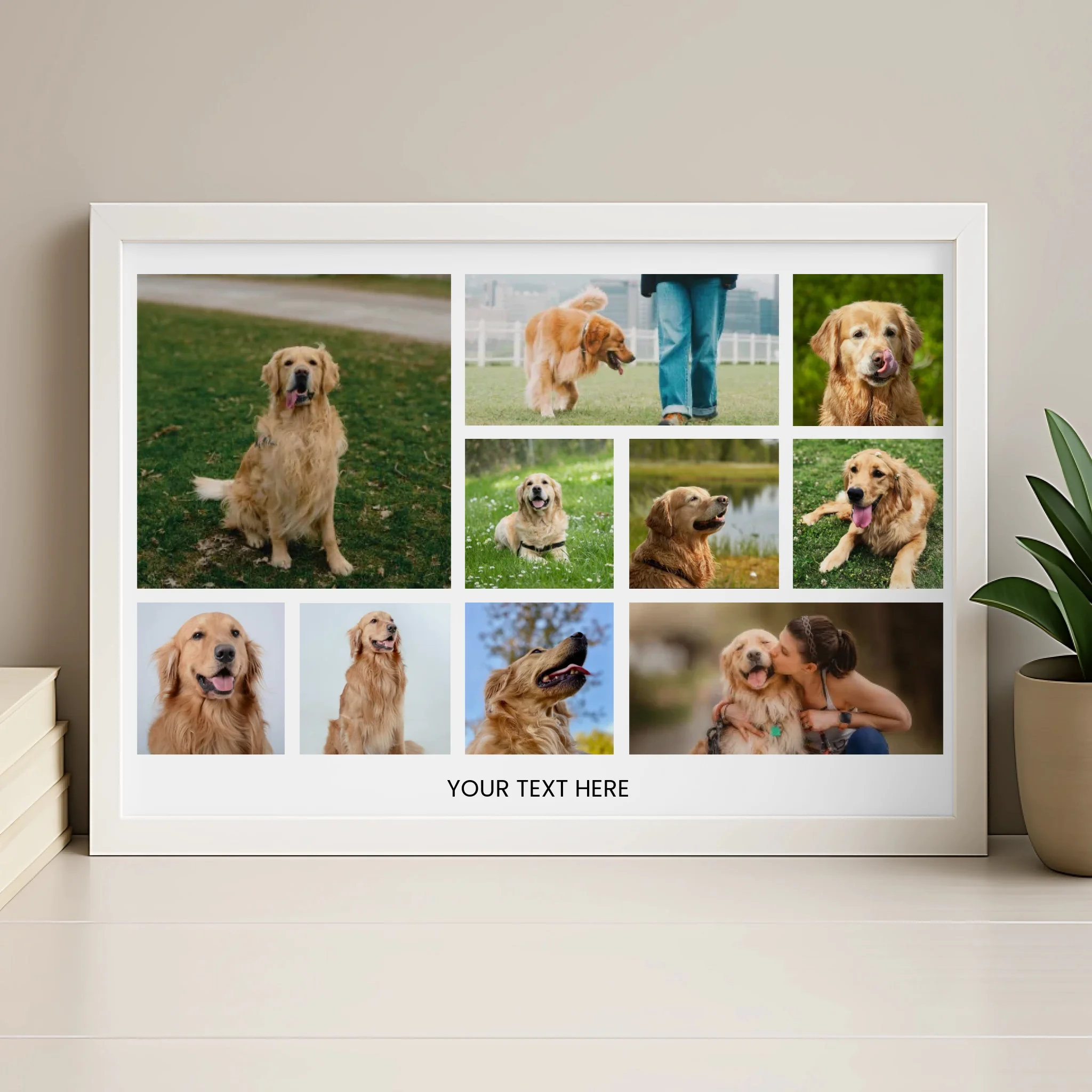Wood effect personalised dog photo frame displaying a pet photo collage