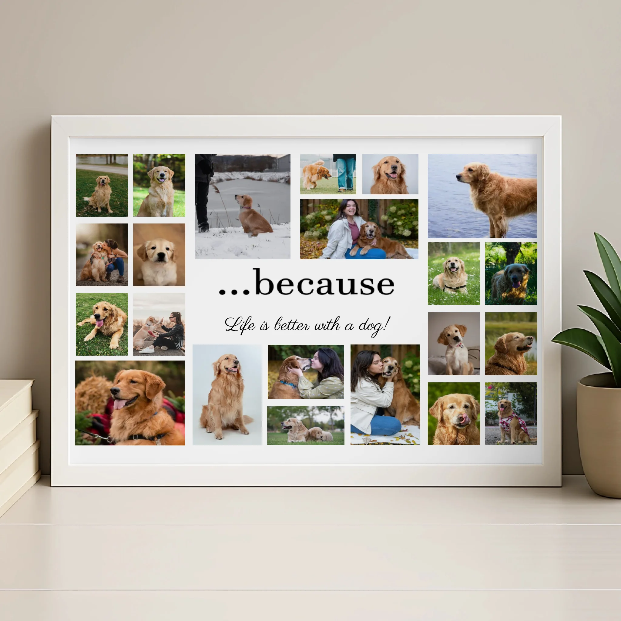 Personalised dog photo collage frame in wood finish with custom quote