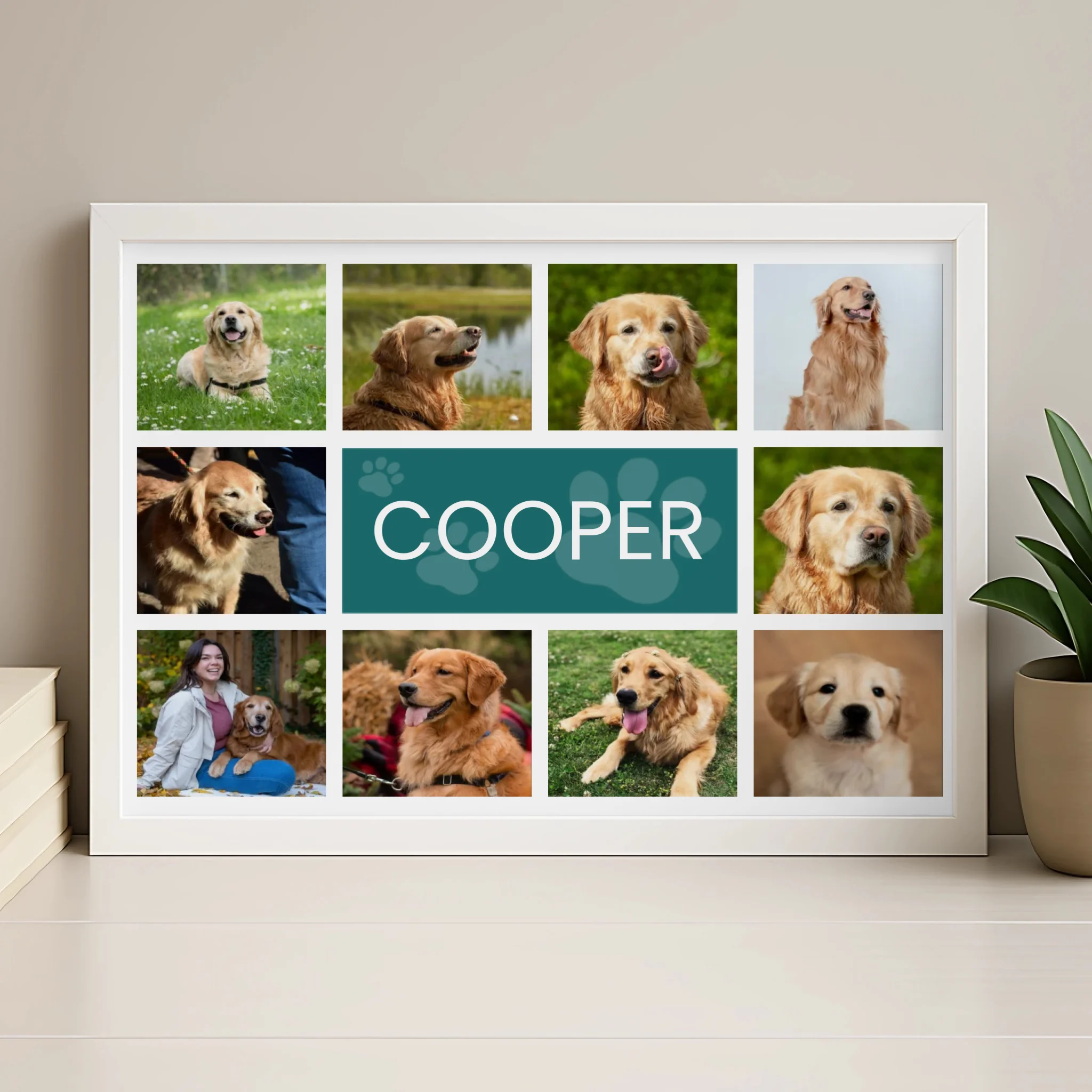 Personalised dog photo collage frame in wood finish with custom name