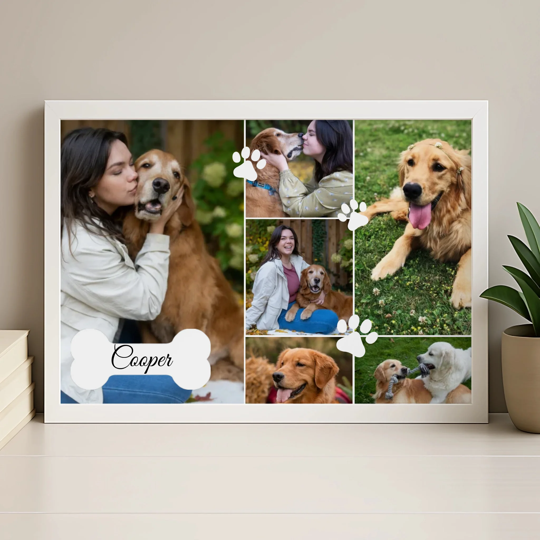 Wood effect personalised dog photo collage frame with pet name and paw prints