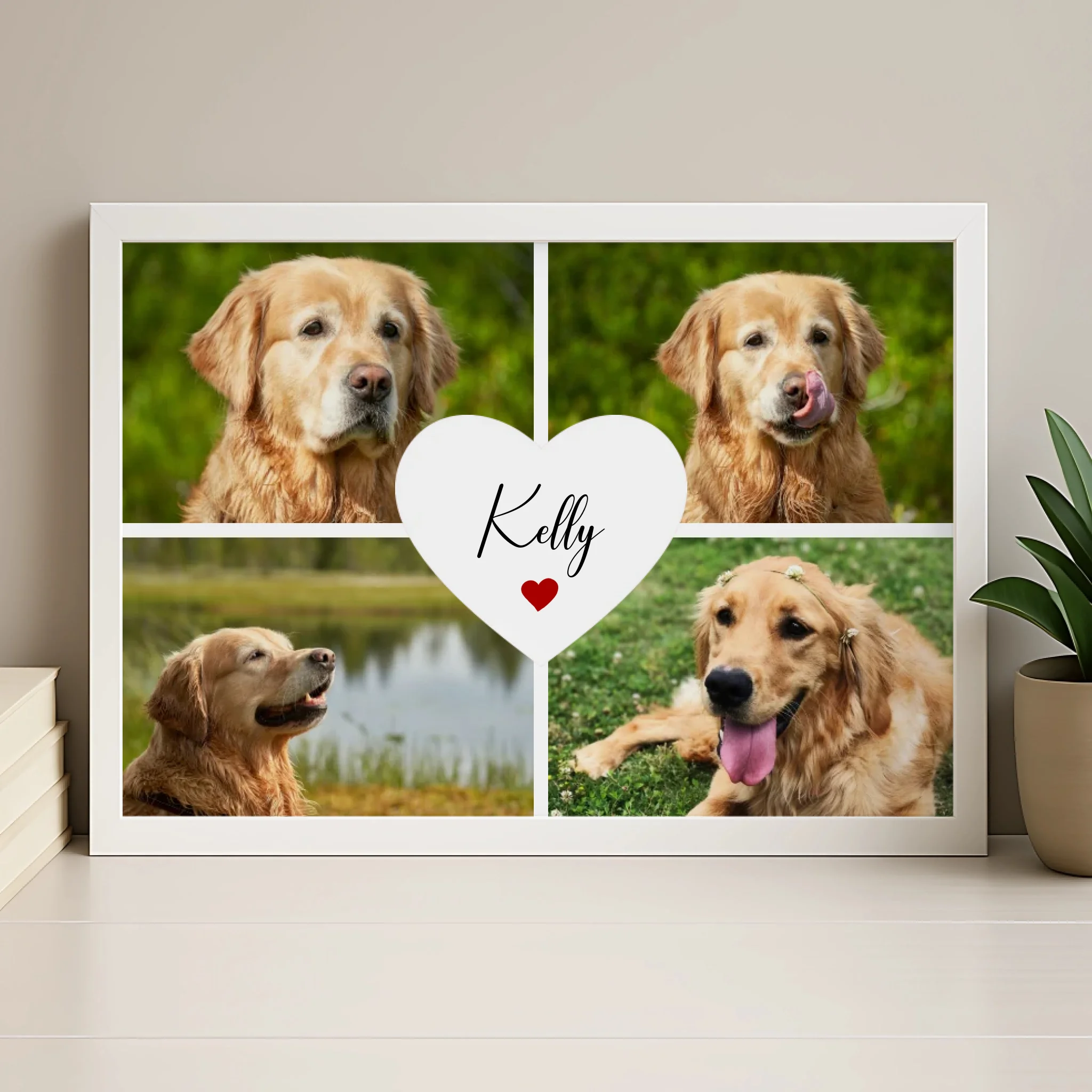 Pet memorial collage photo frame in wood finish with custom name and heart