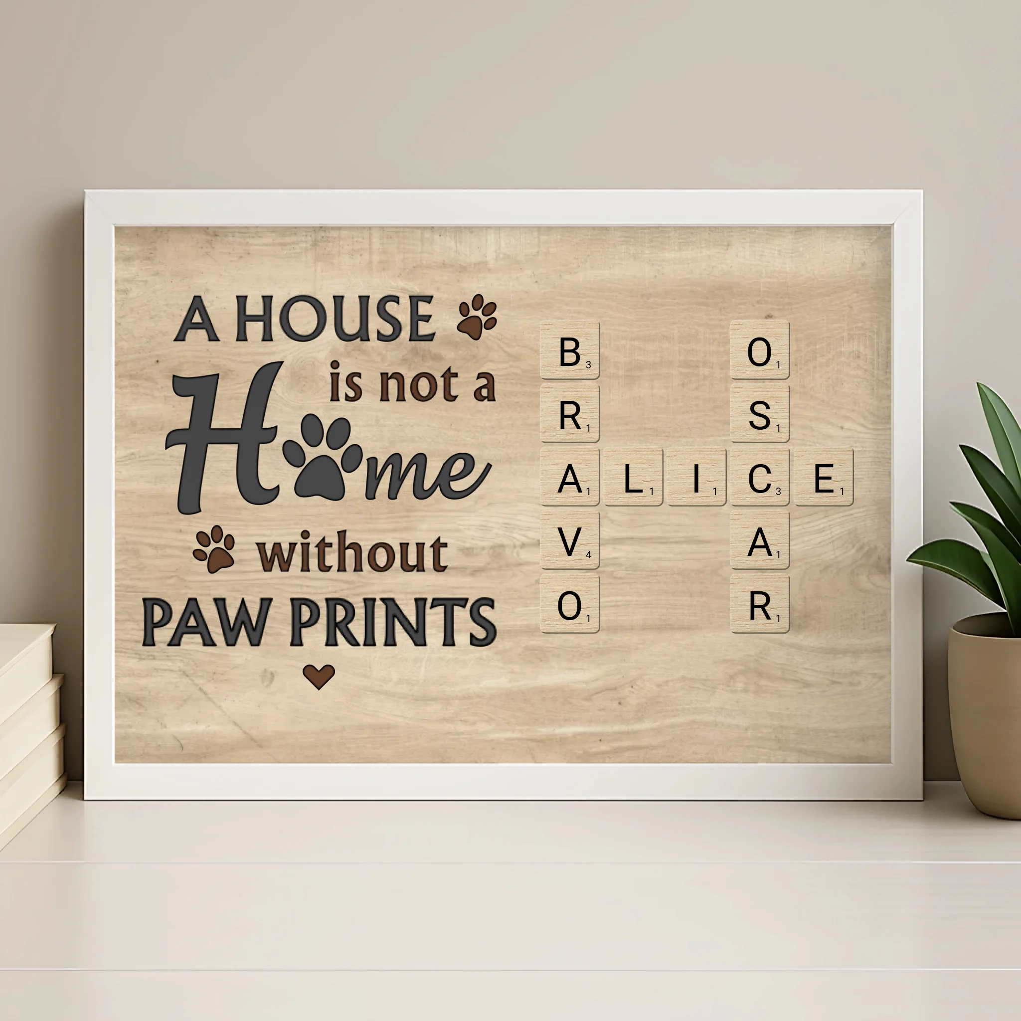 Personalised pet crossword name tile frame in wood finish shown as a wall art gift