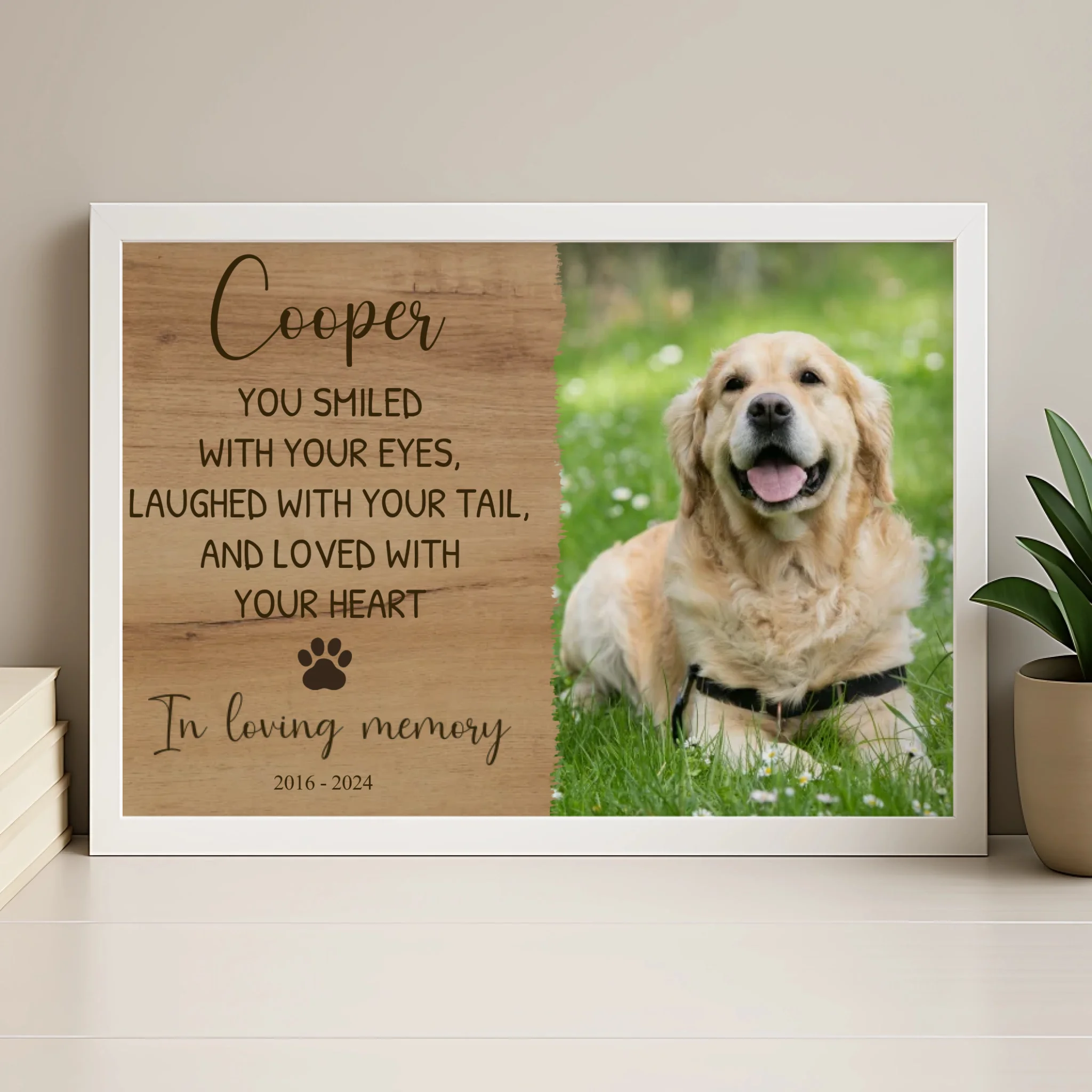 Rustic wood finish personalised dog memorial frame with custom photo and text