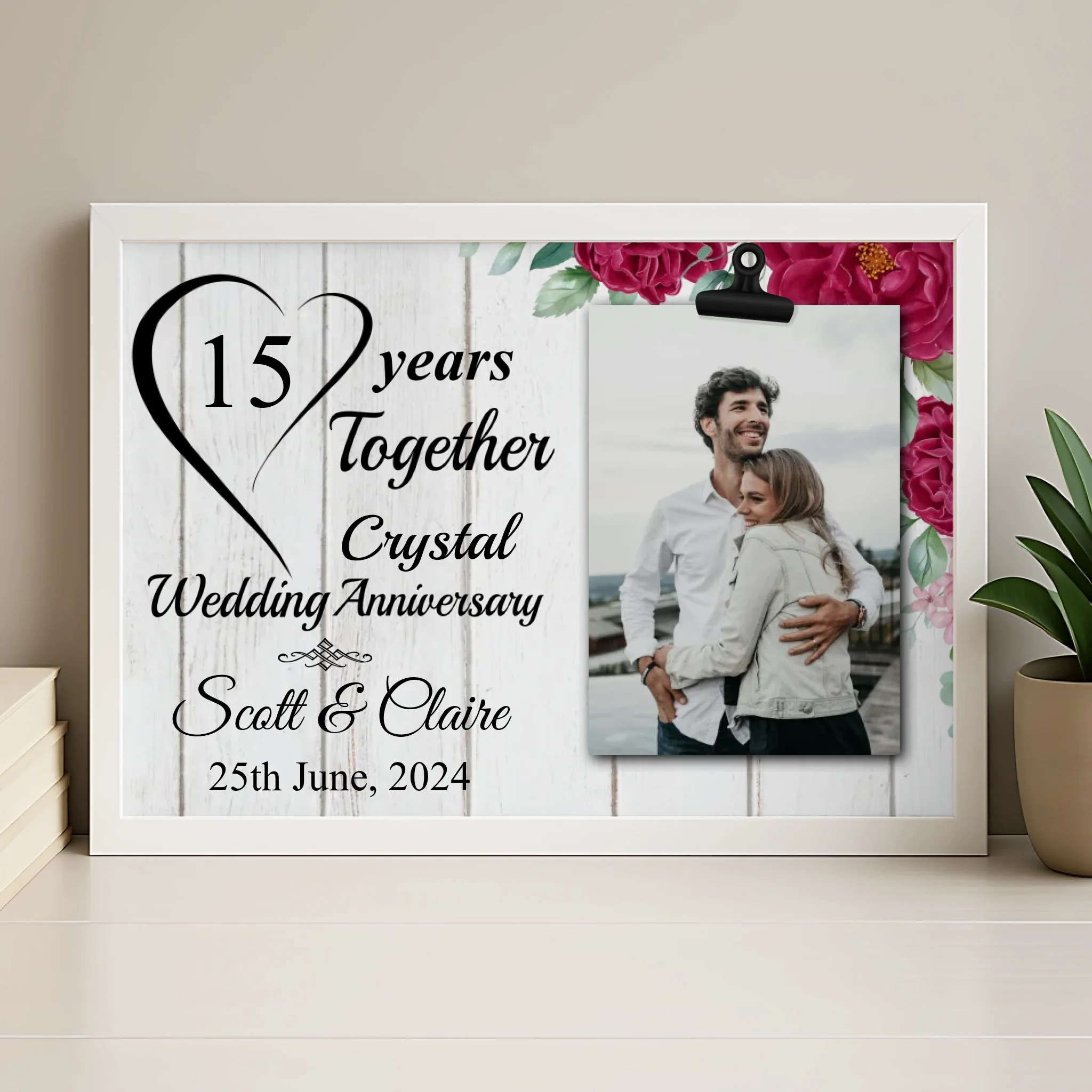 Wood personalised photo frame showing custom wedding anniversary print gift