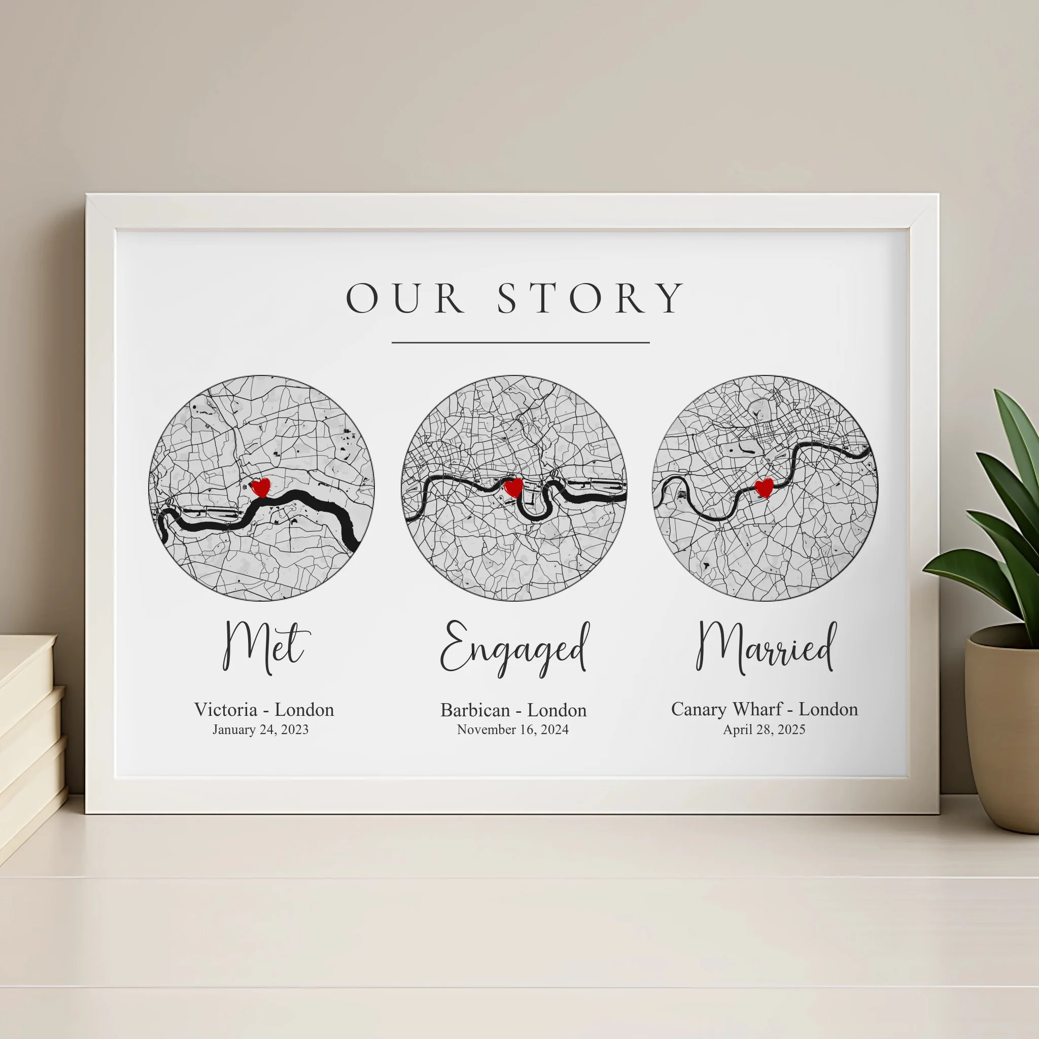 Our story map print in wood frame personalised with couple timeline