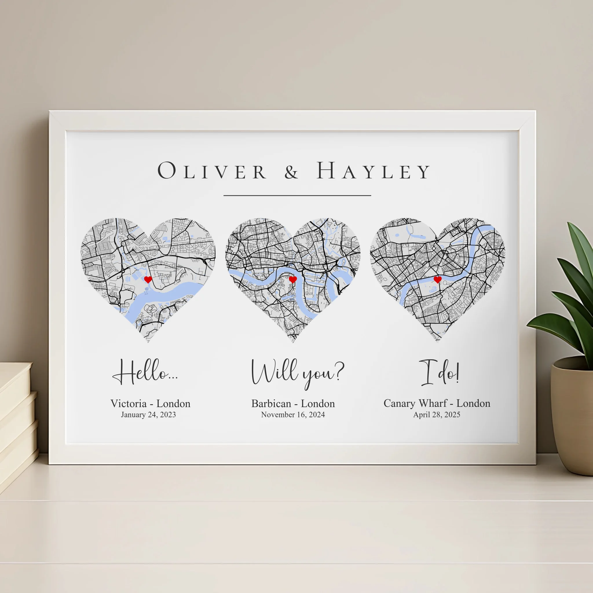 Personalised couple map print in wood frame with heart design and dates