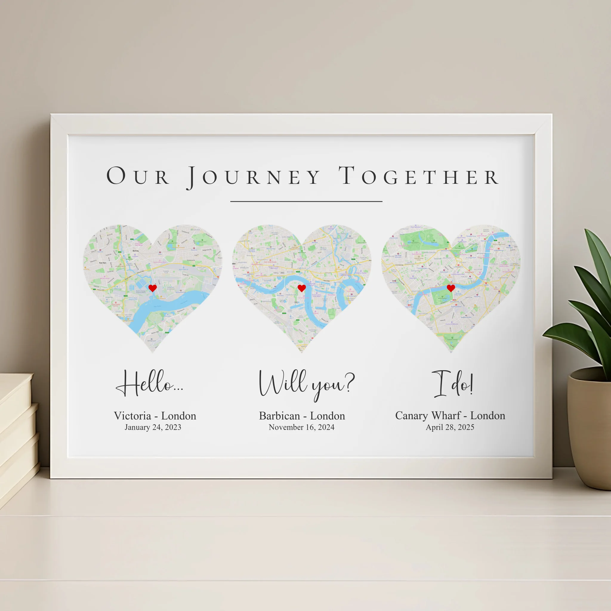 Personalised map photo frame in wood finish with Our Story three-map design