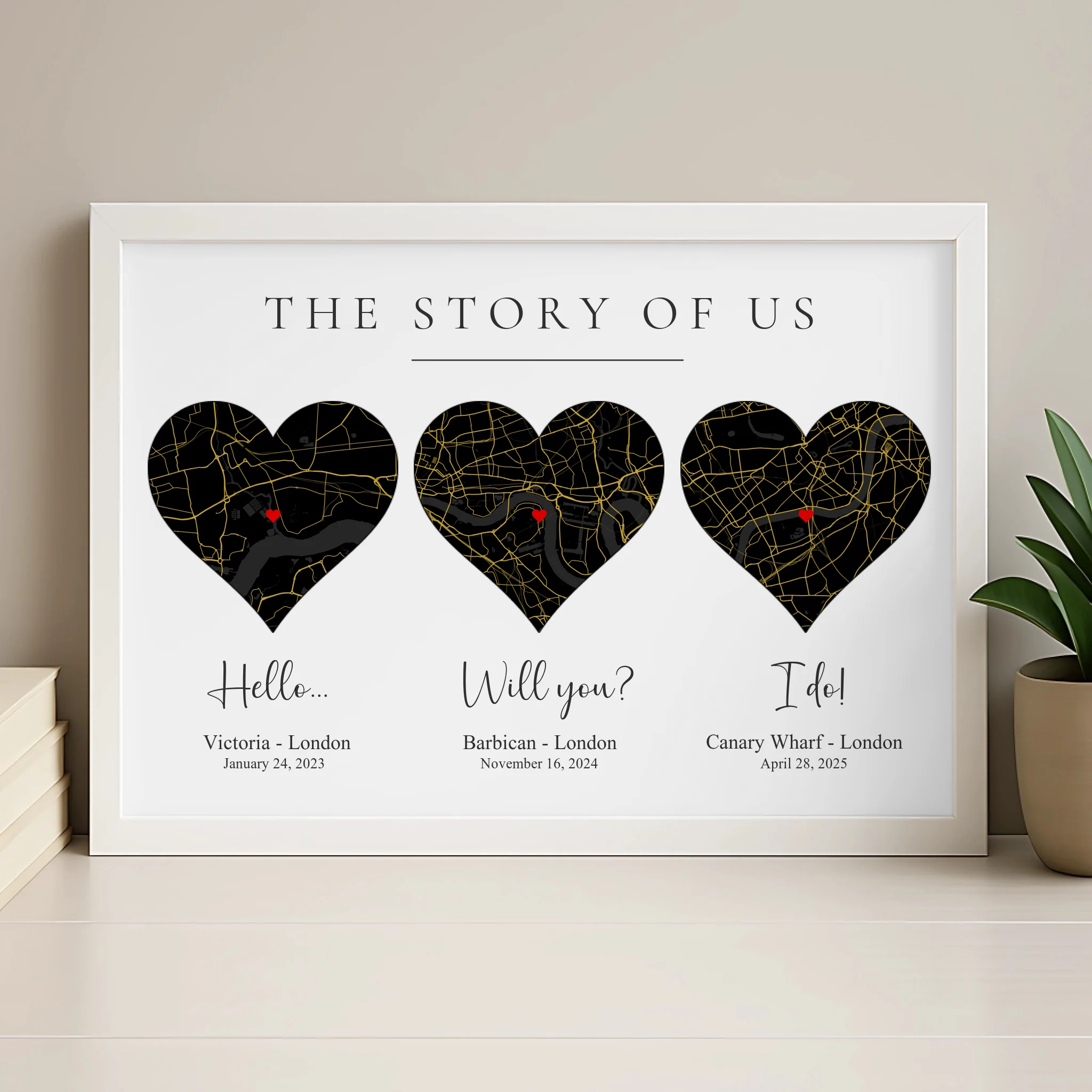 Personalised three location heart map print in wood frame with dates and coordinates