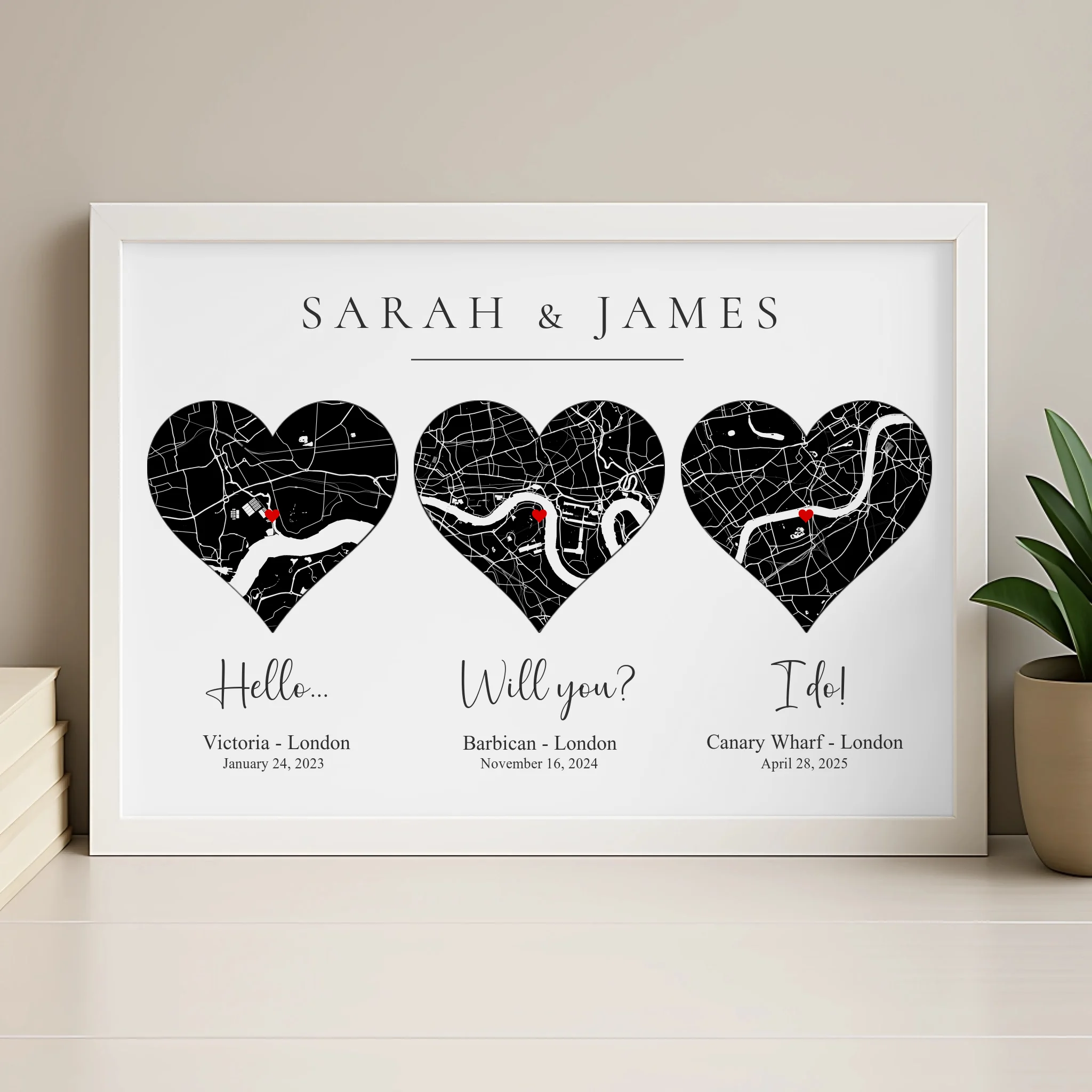 Personalised map print for couples in wood frame with heart design and coordinates