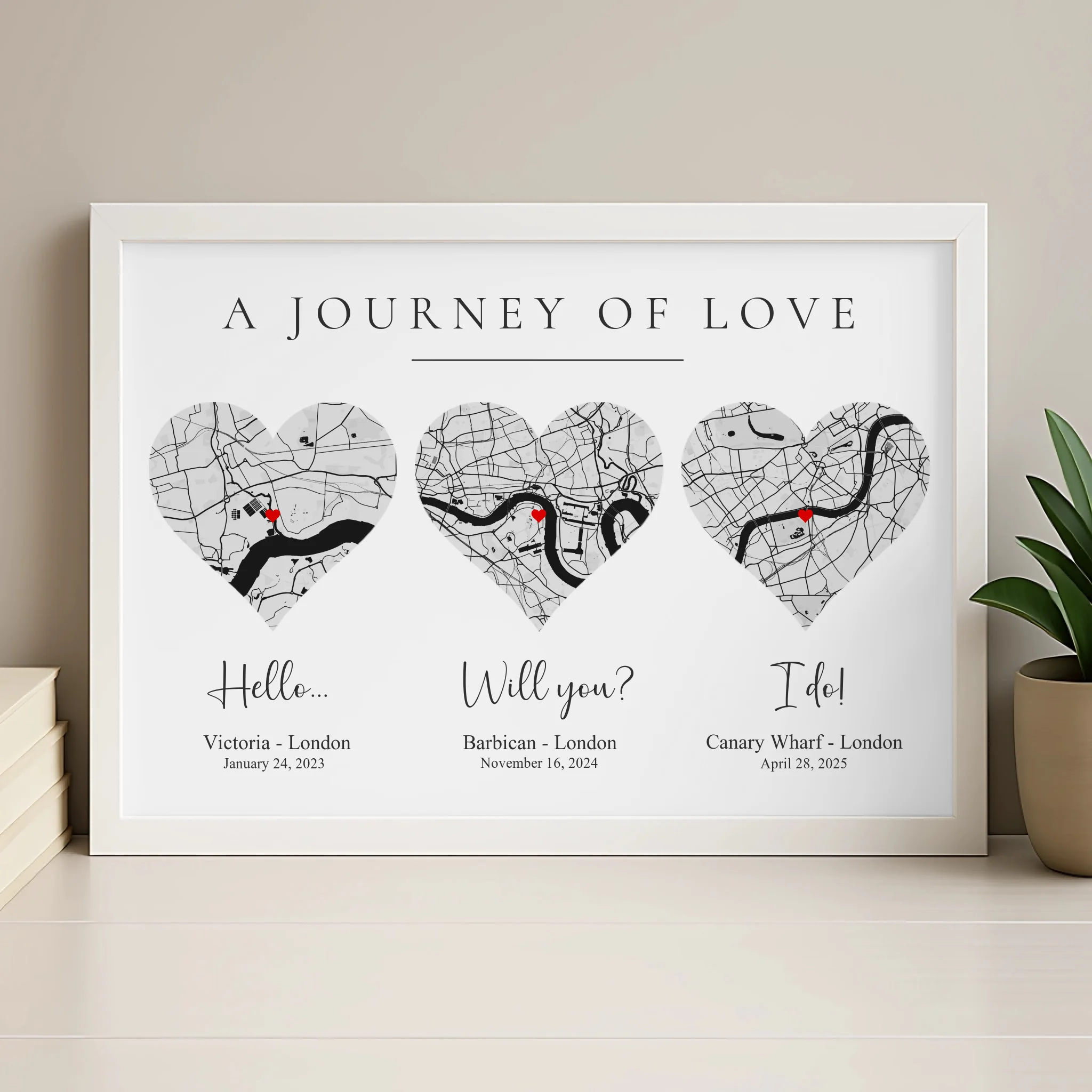 Personalised map print in a wood frame showing couple's location and key dates