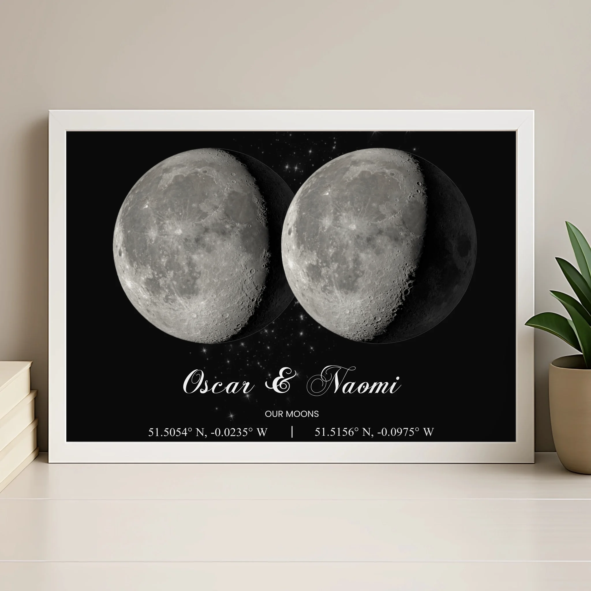 Personalised moon phase framed print in wood frame option