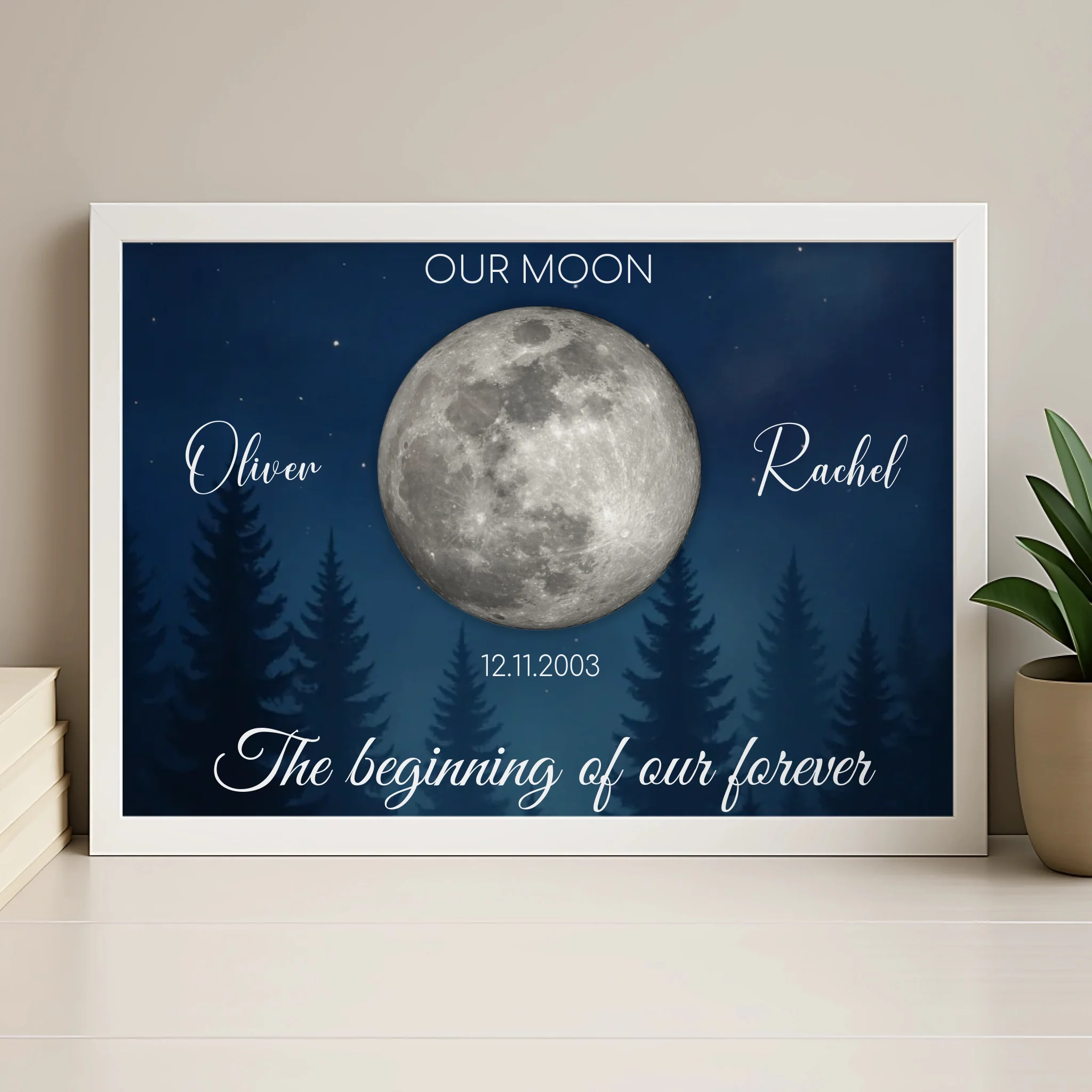 Personalised moon phase print in a wood photo frame showing custom names, date and quote